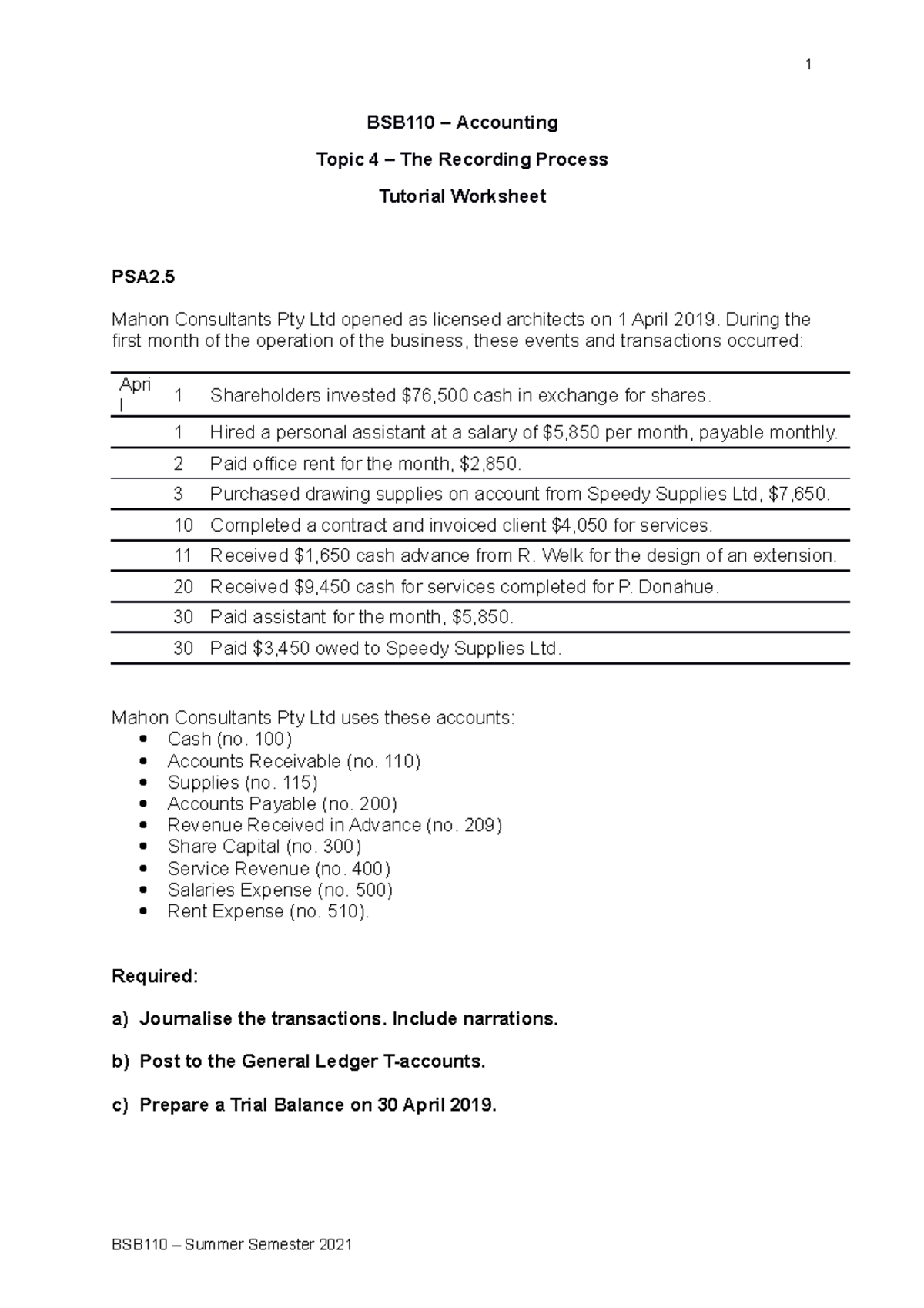 Topic 4 - Tutorial - Worksheet - 6 - BSB110 – Accounting Topic 4 – The ...