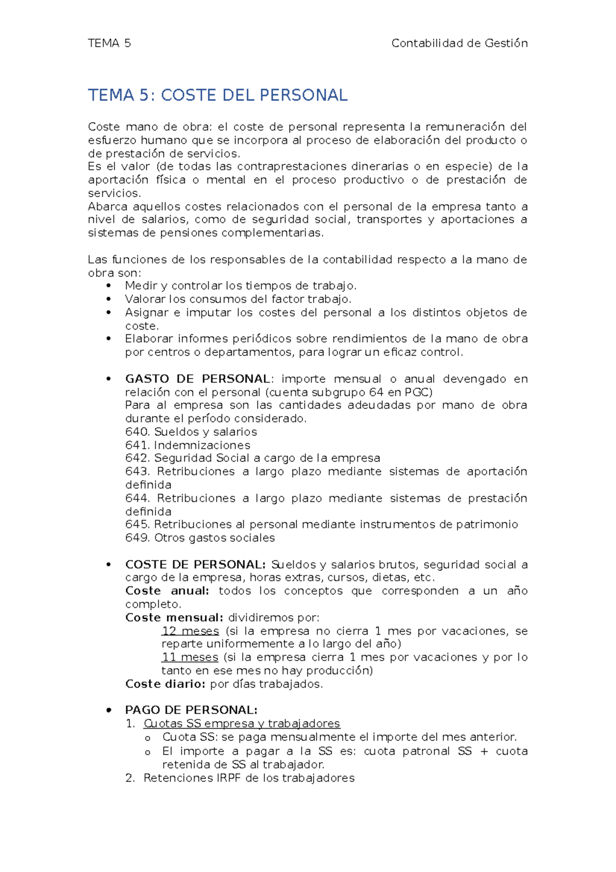 Tema 5 Comptabilitat De GestiÓ Resum Tema 5 Coste Del Personal Coste Mano De Obra El Coste 6264