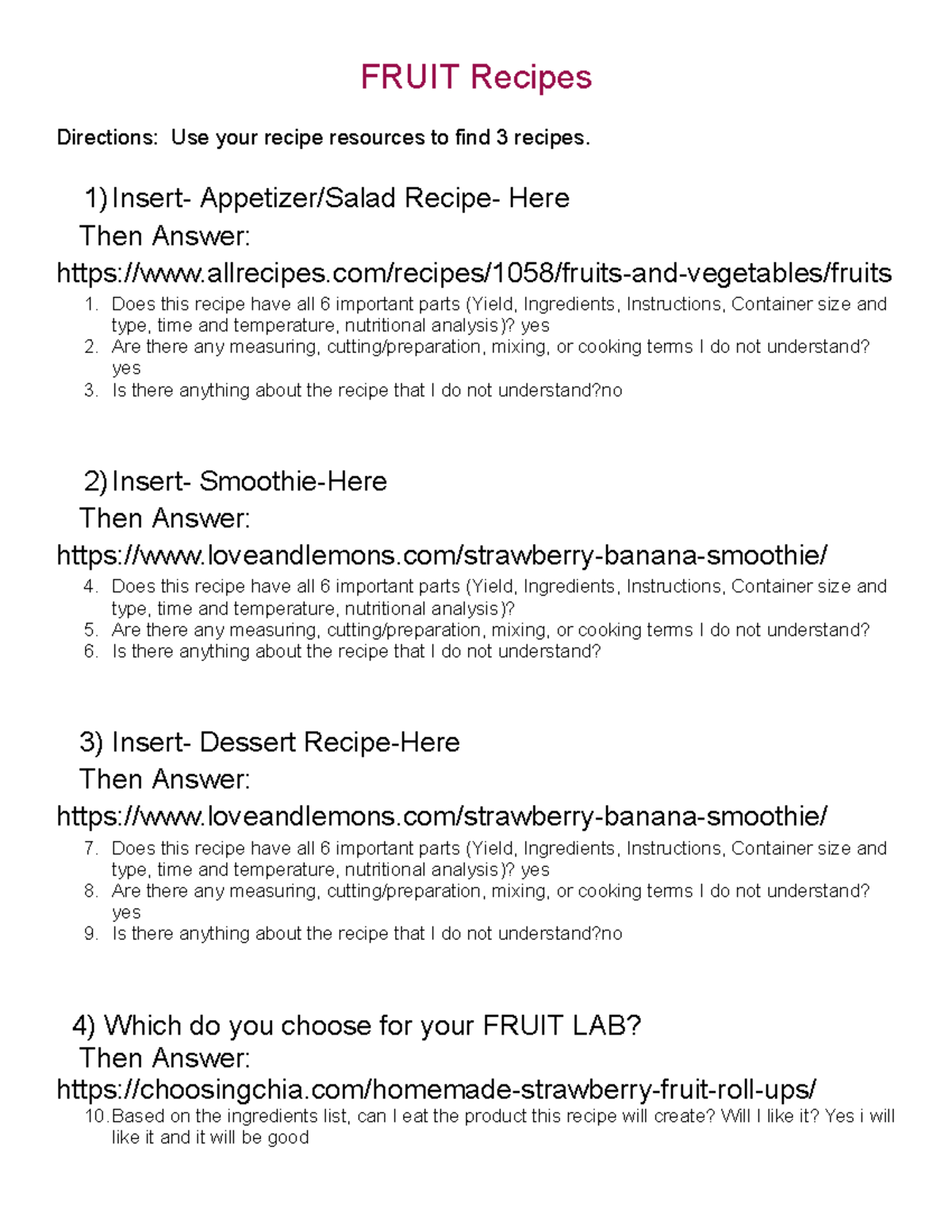 Copy of Fruit LAB 3 food lab FRUIT Recipes Directions Use your