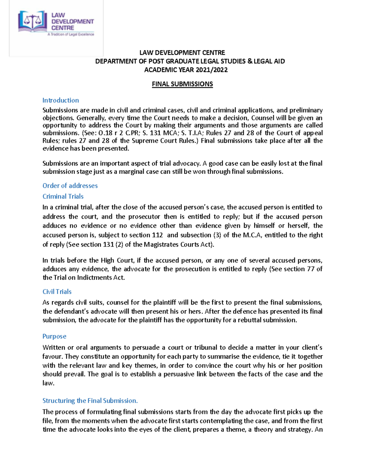 Lecture Notes - Submissions - LAW DEVELOPMENT CENTRE DEPARTMENT OF POST ...