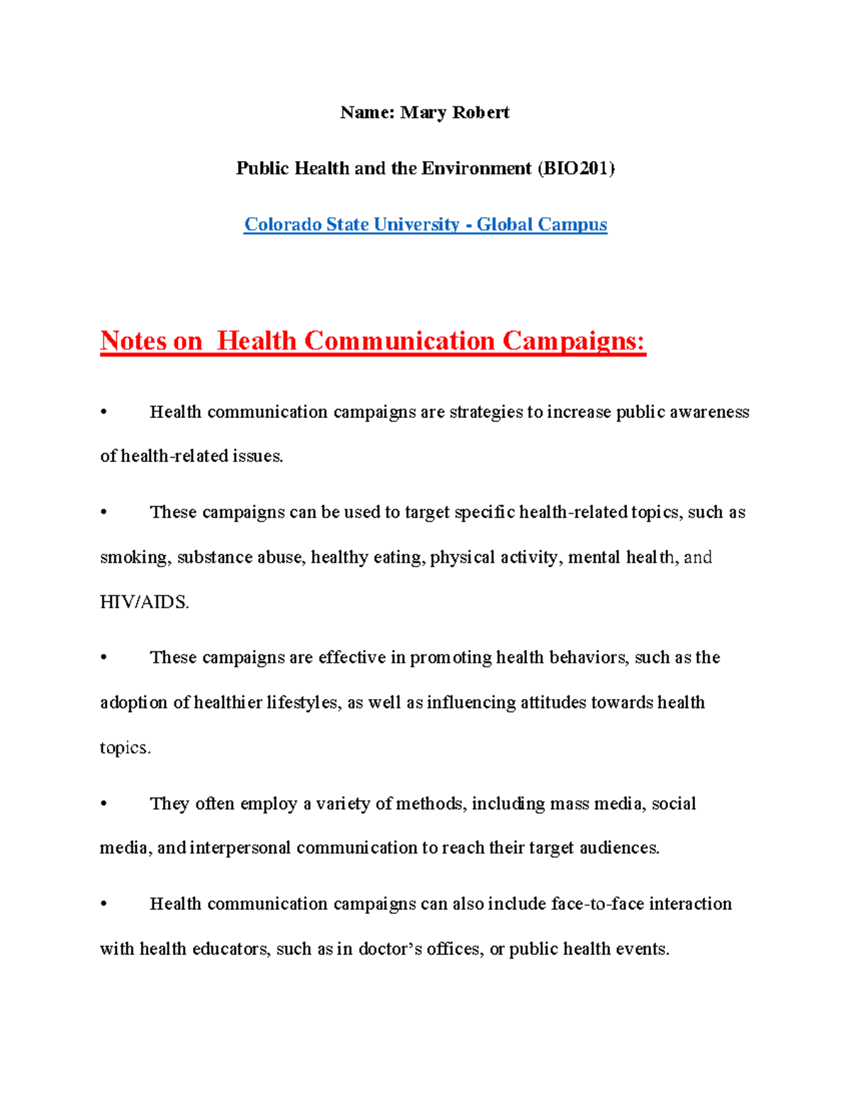 Health communication campaigns - Namе: Mary Robert Public Health and ...