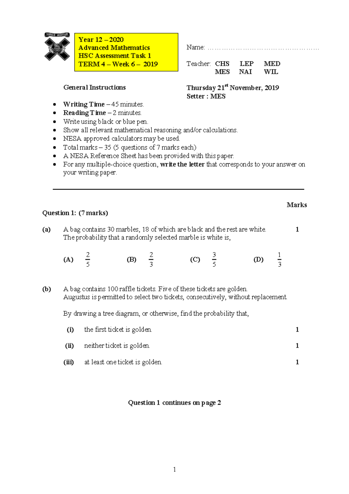 2020Yr12Mathematics Advanced Task 1 - General Instructions Writing Time ...