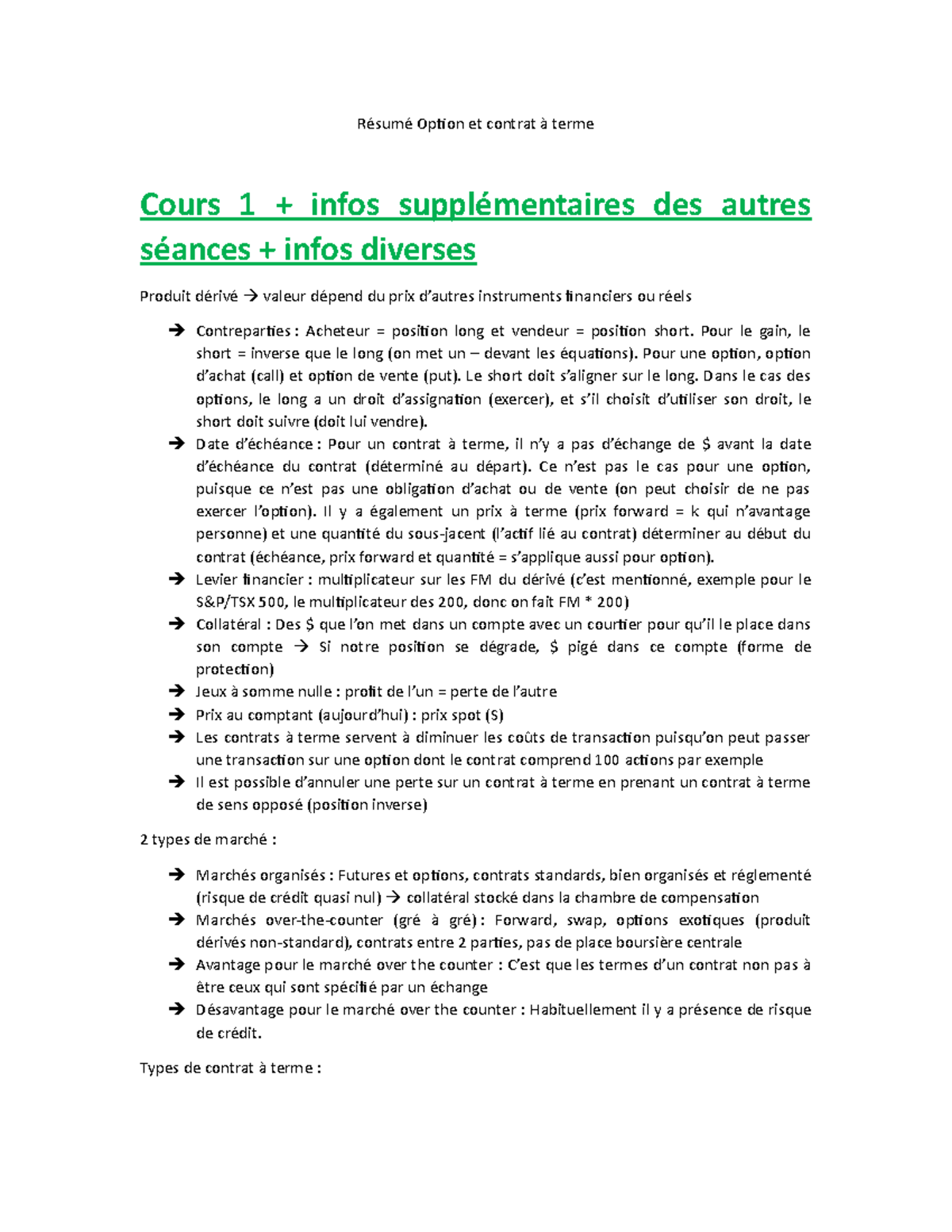 Résumé Options et contrats à termes complet Option et contrat terme