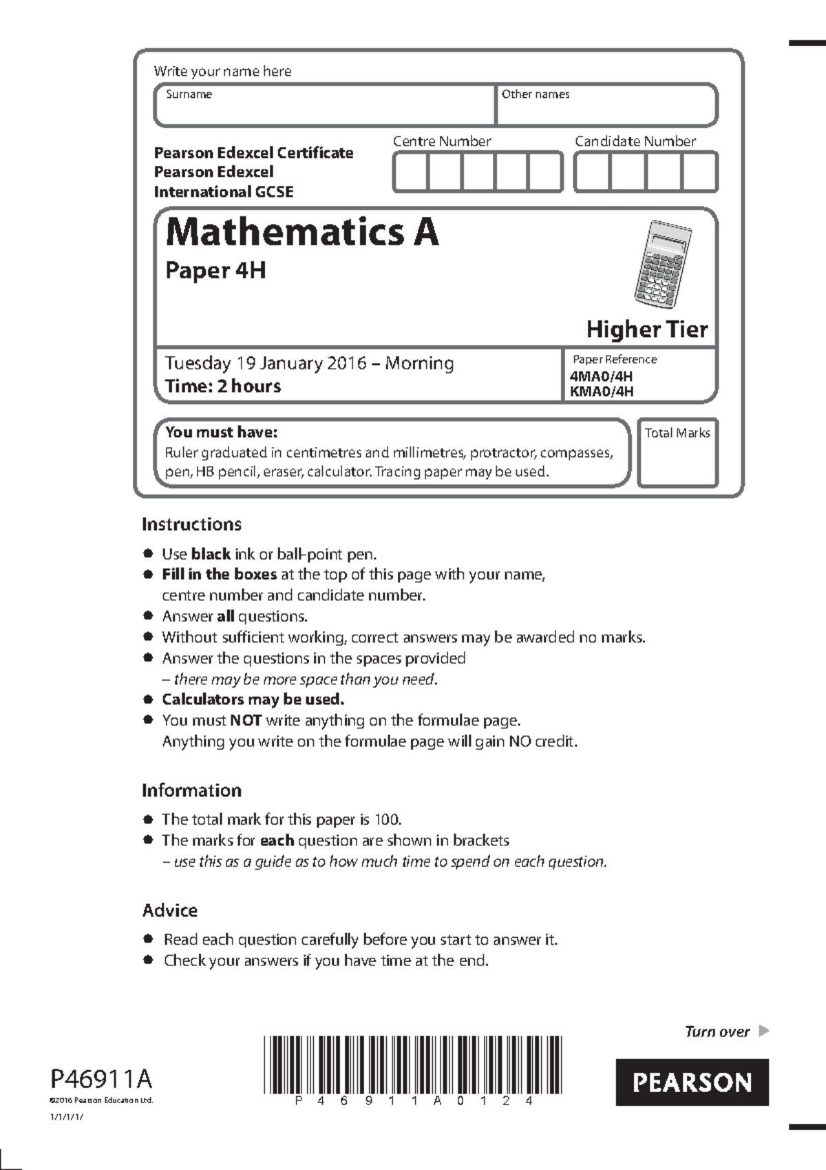 4H paper - sure - Centre Number Candidate Number Write your name here ...