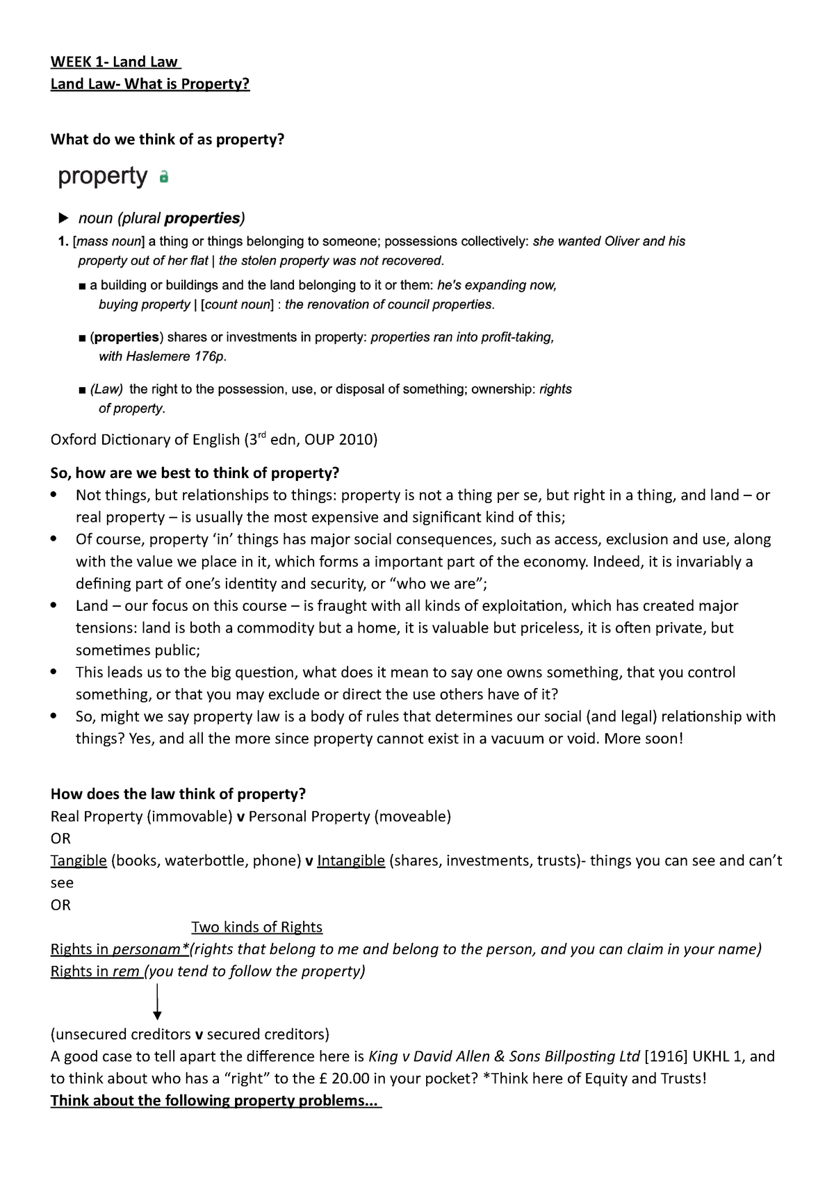 WEEK 1 What Is Property WEEK 1 Land Law Land Law What Is Property 