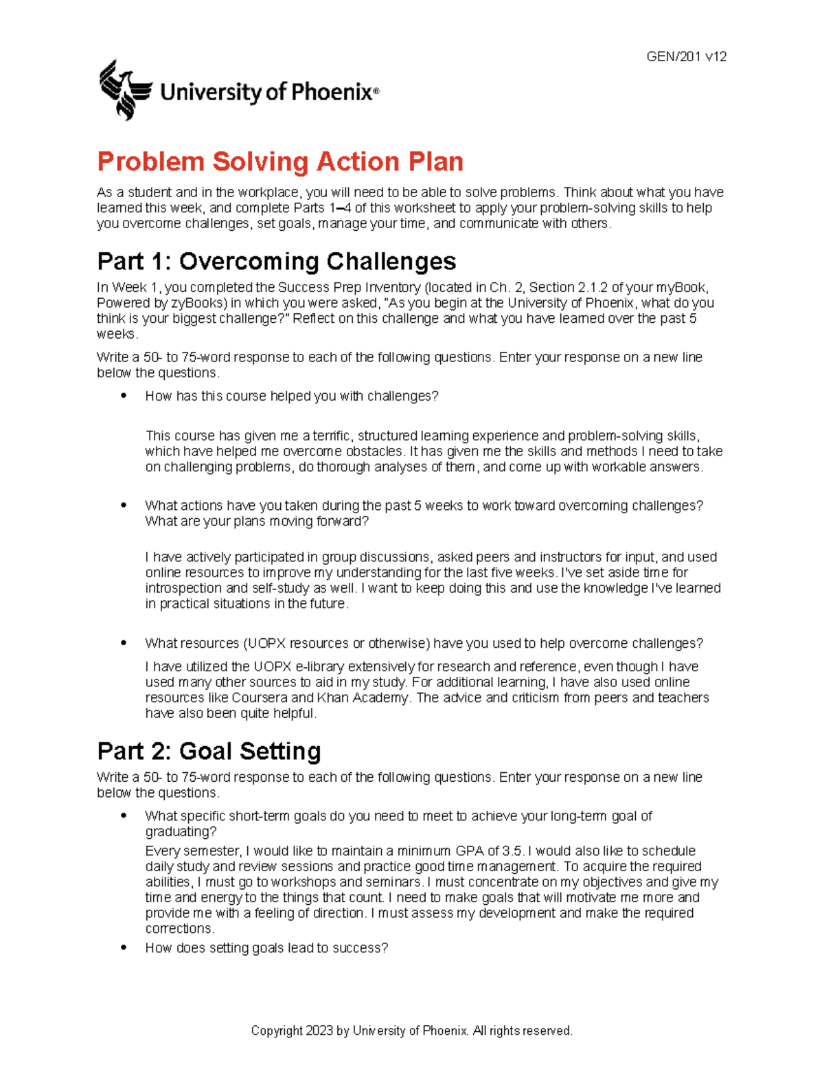Gen201 v12 wk5 problem solving action plan - GEN/201 v Problem Solving ...