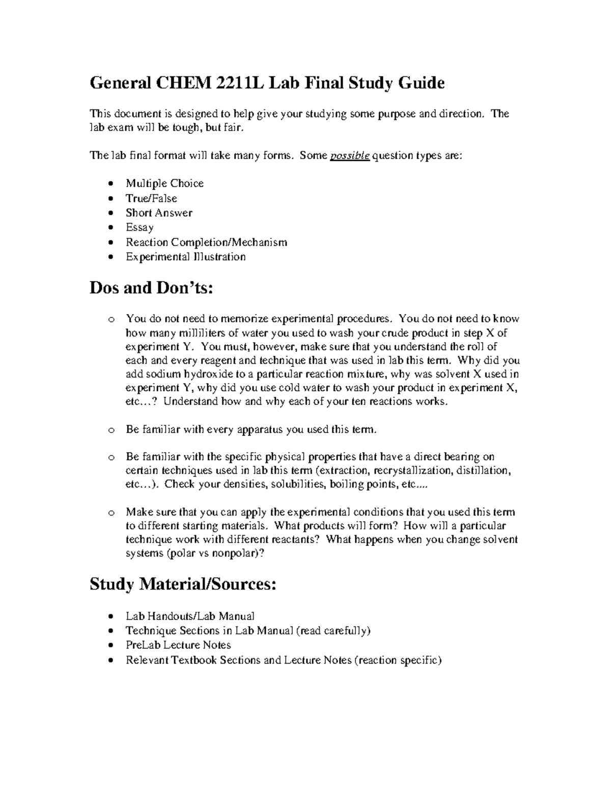 CHEM 2211L Lab Final Study Guide - The lab exam will be tough, but fair ...