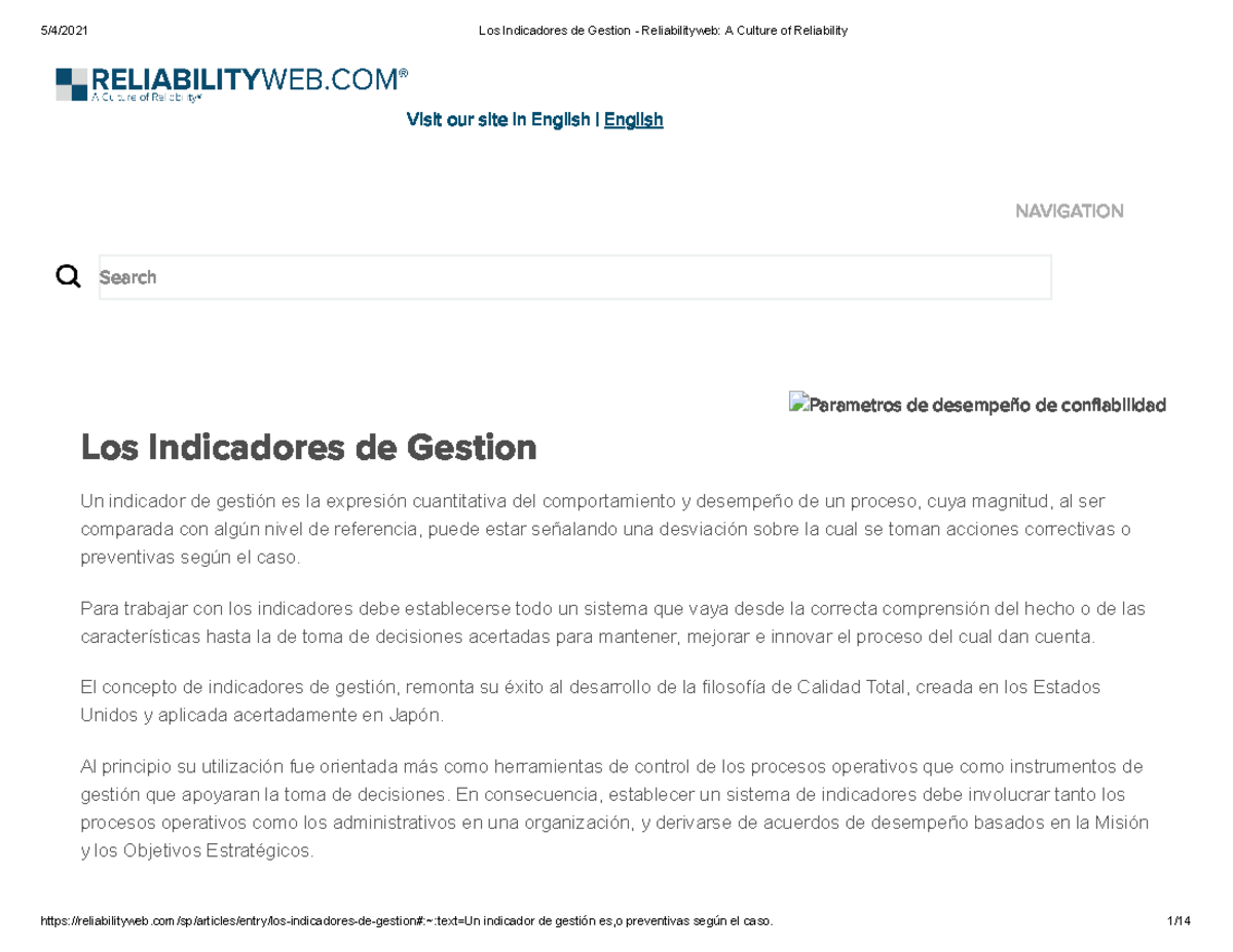 Los Indicadores de Gestion Reliabilityweb NAVIGATION Visit our site