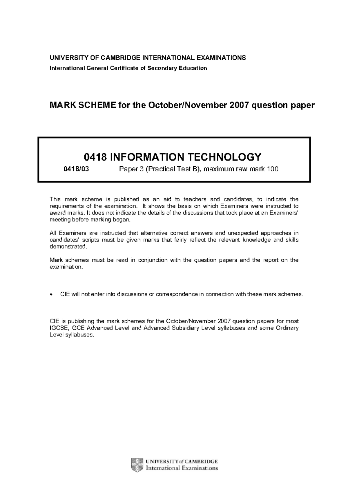 Winter 2007 Practical Paper B Mark Scheme - UNIVERSITY OF CAMBRIDGE ...