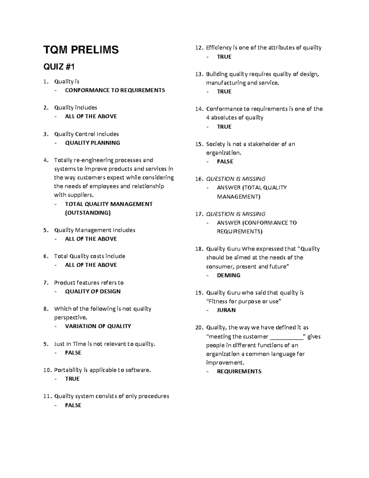 TQM Quizzes Prelims- Finals - TQM PRELIMS QUIZ Quality is CONFORMANCE ...