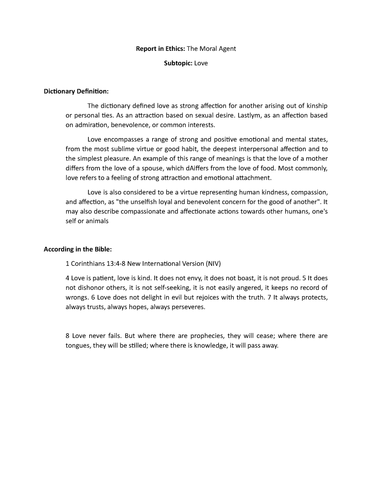 Love (Revised) - Definitions and theories of Love - Report in Ethics ...