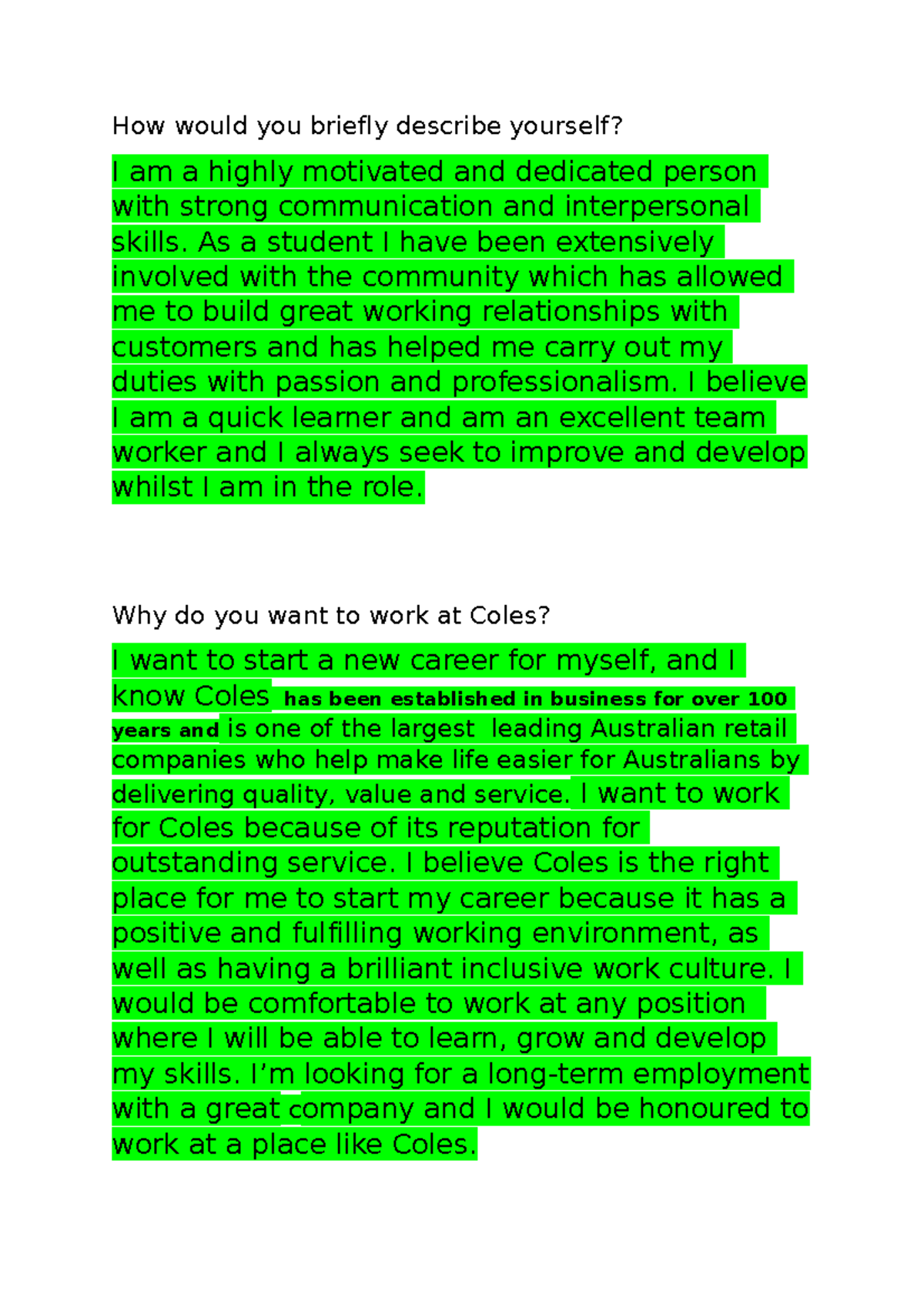 Coles Interview Questions MATH1231 UNSW Sydney Studocu