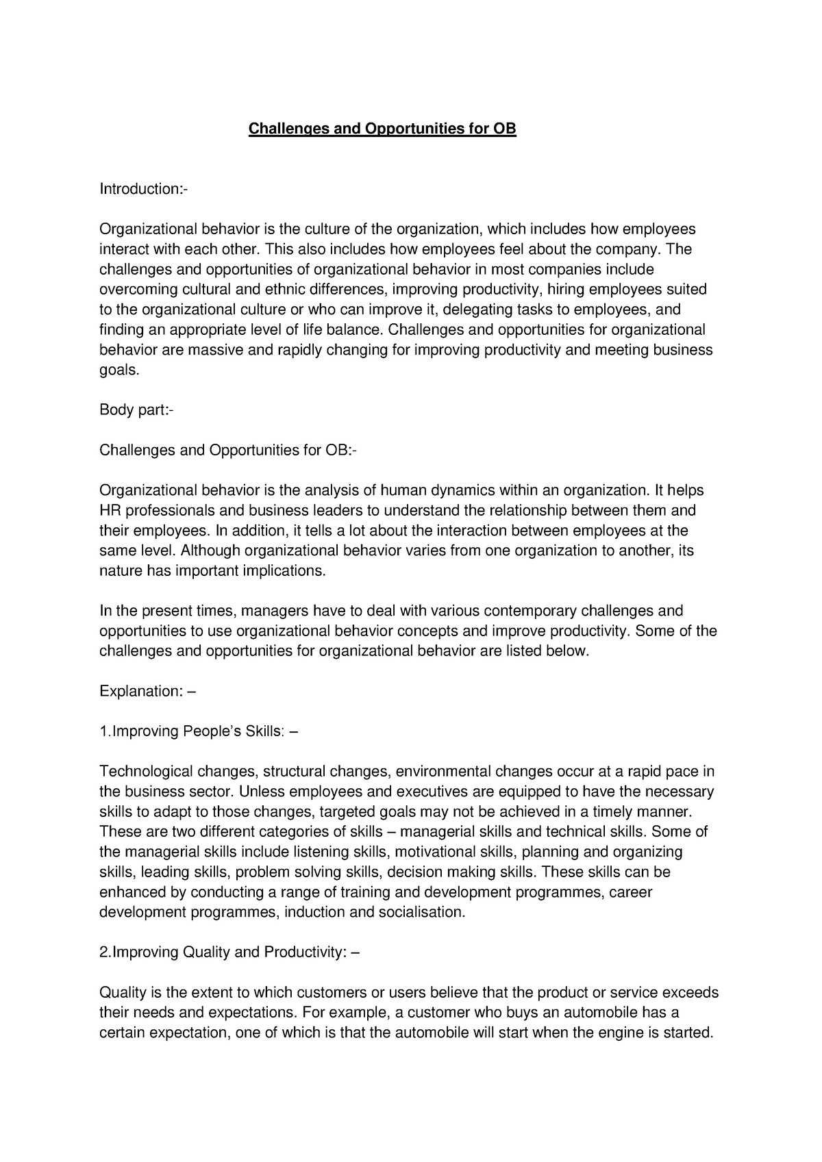 challenges in organisational behaviour essay