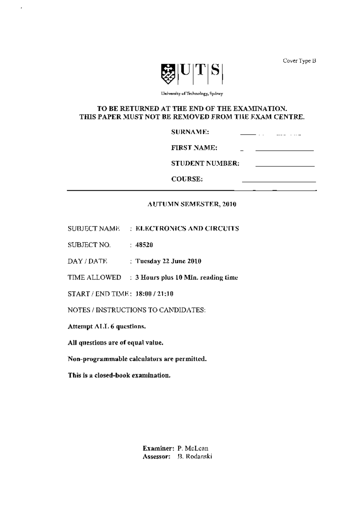 Exam 28 June 2010, questions - ~UTS Cover Type B University of ...