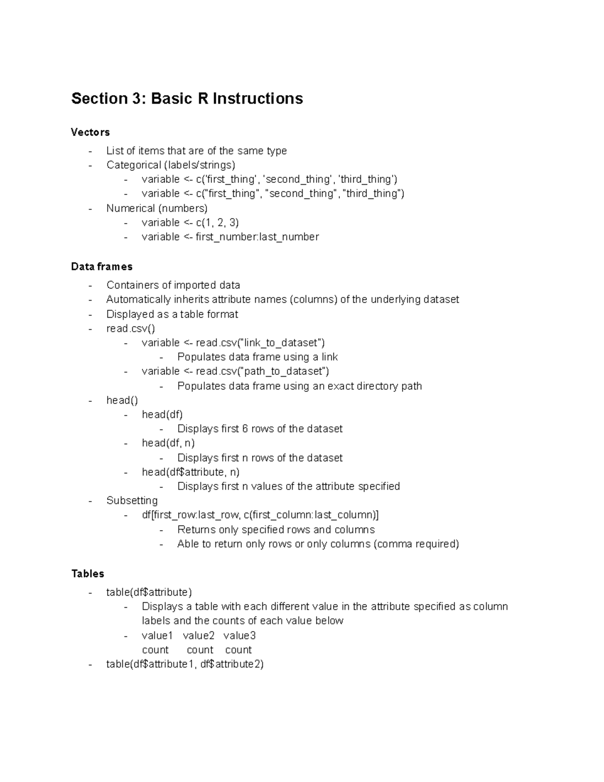 Data101 Notes - Section 3: Basic R Instructions Vectors - List of items ...
