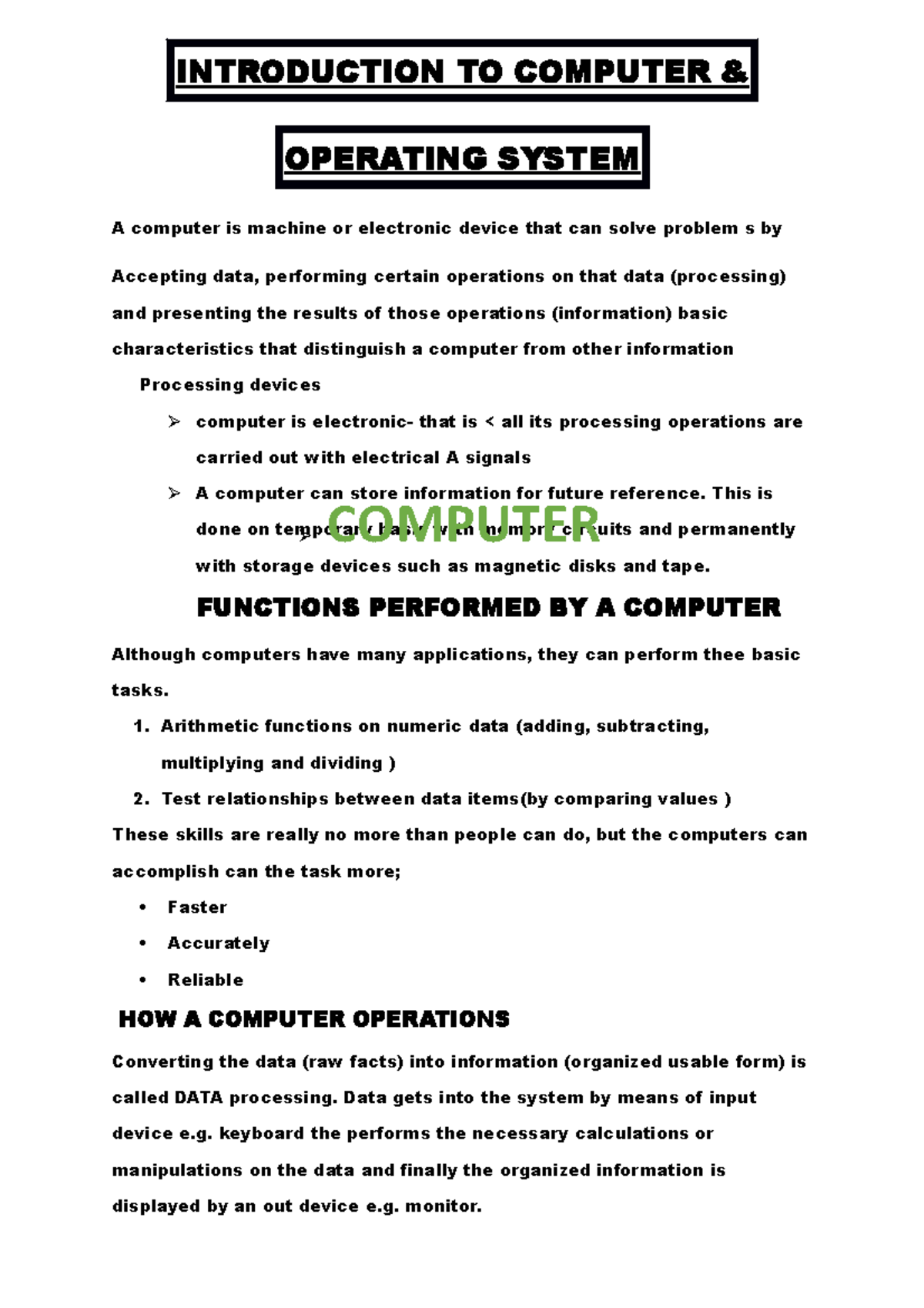 Computer literacy - information technology - INTRODUCTION TO COMPUTER ...