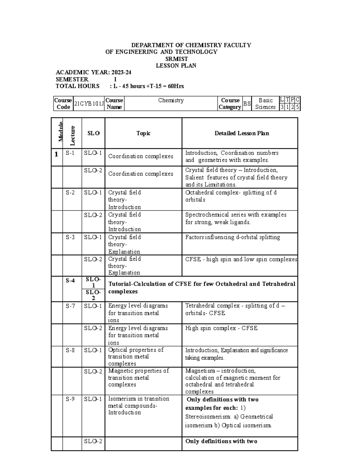 21CYB101J - Theory - Lesson PLan - DEPARTMENT OF CHEMISTRY FACULTY OF ...