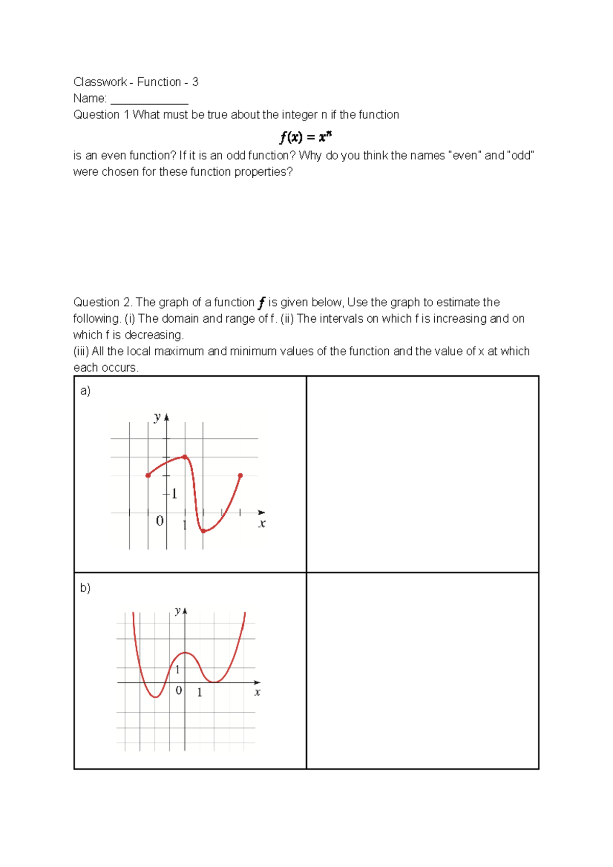 Graph-behavior - practice assignment - Classwork - Function - 3 Name ...