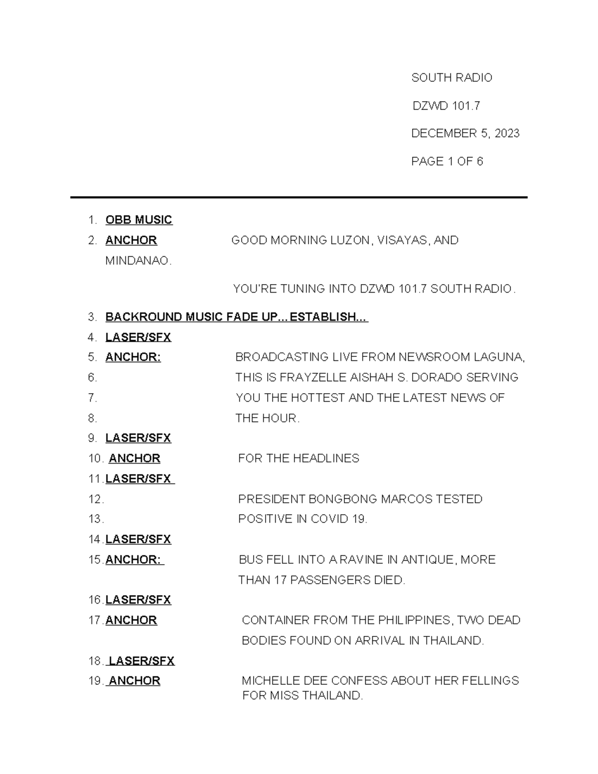 South Radio Script 4 Edited - DZWD 101. DECEMBER 5, 2023 PAGE 1 OF 6 1 ...
