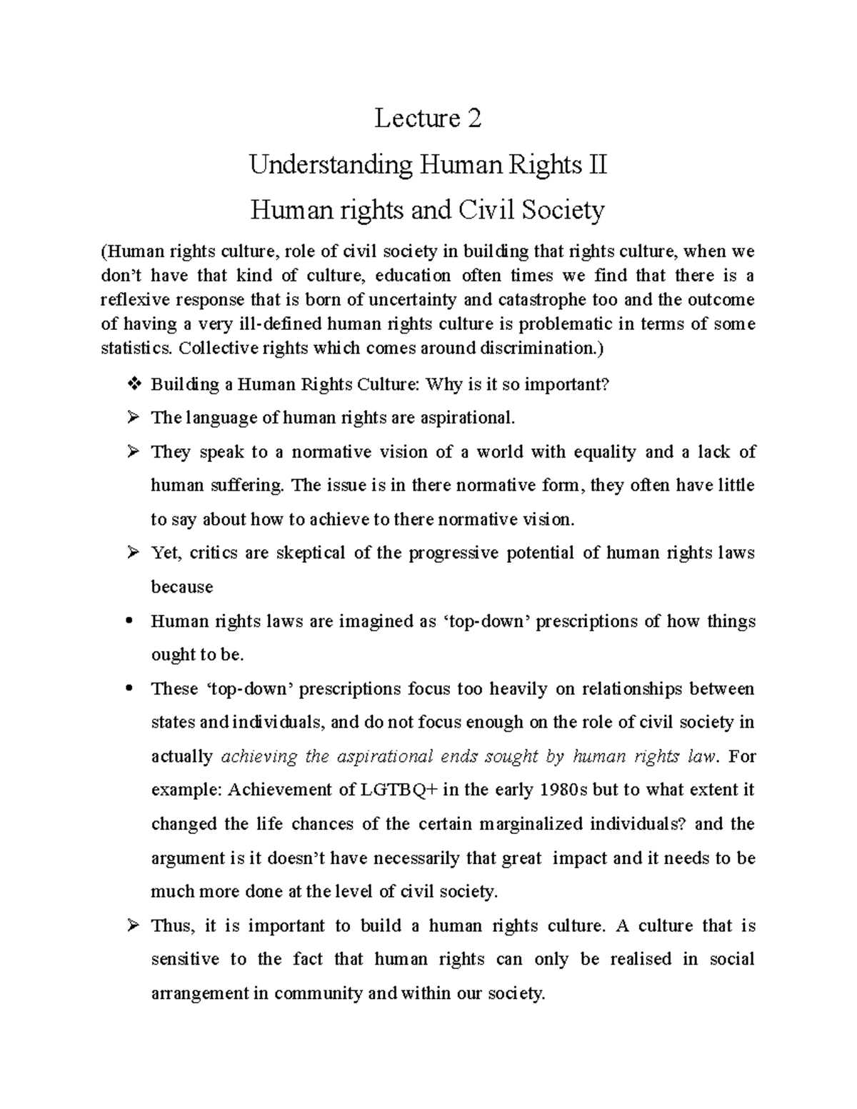 Important Notes - Lecture 2 Understanding Human Rights II Human Rights ...