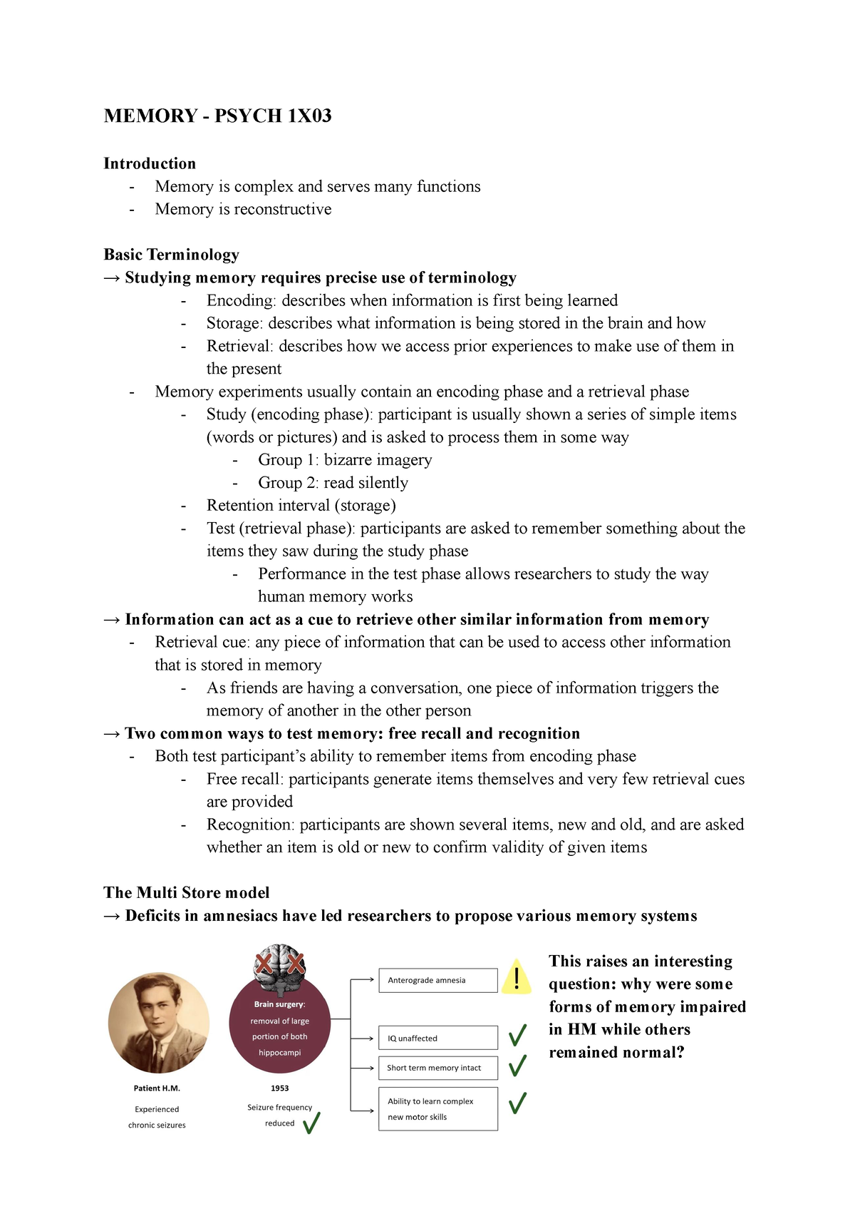 Memory Module Notes - PSYCH 1X03 - PSYCH 1X03 - McMaster - Studocu