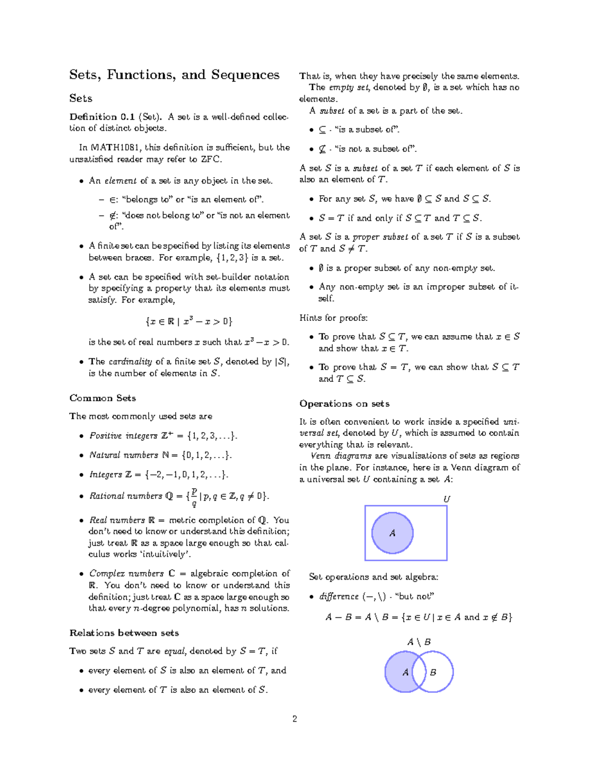 Maths 1081notes - Sets, Functions, and Sequences Sets Definition 0 (Set ...