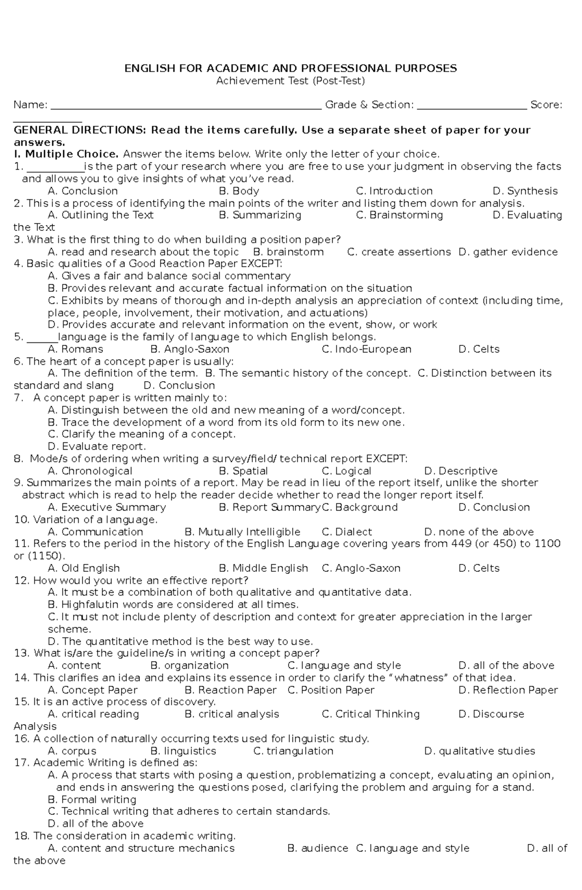 EAPP ANSWER KEY ENGLISH FOR ACADEMIC AND PROFESSIONAL PURPOSES 