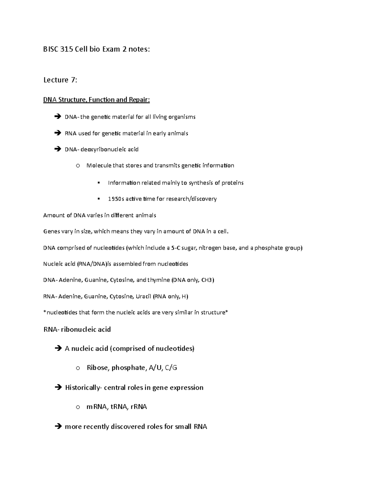 Exam 2 notes - BISC 315 Cell bio Exam 2 notes: Lecture 7: DNA Structure ...