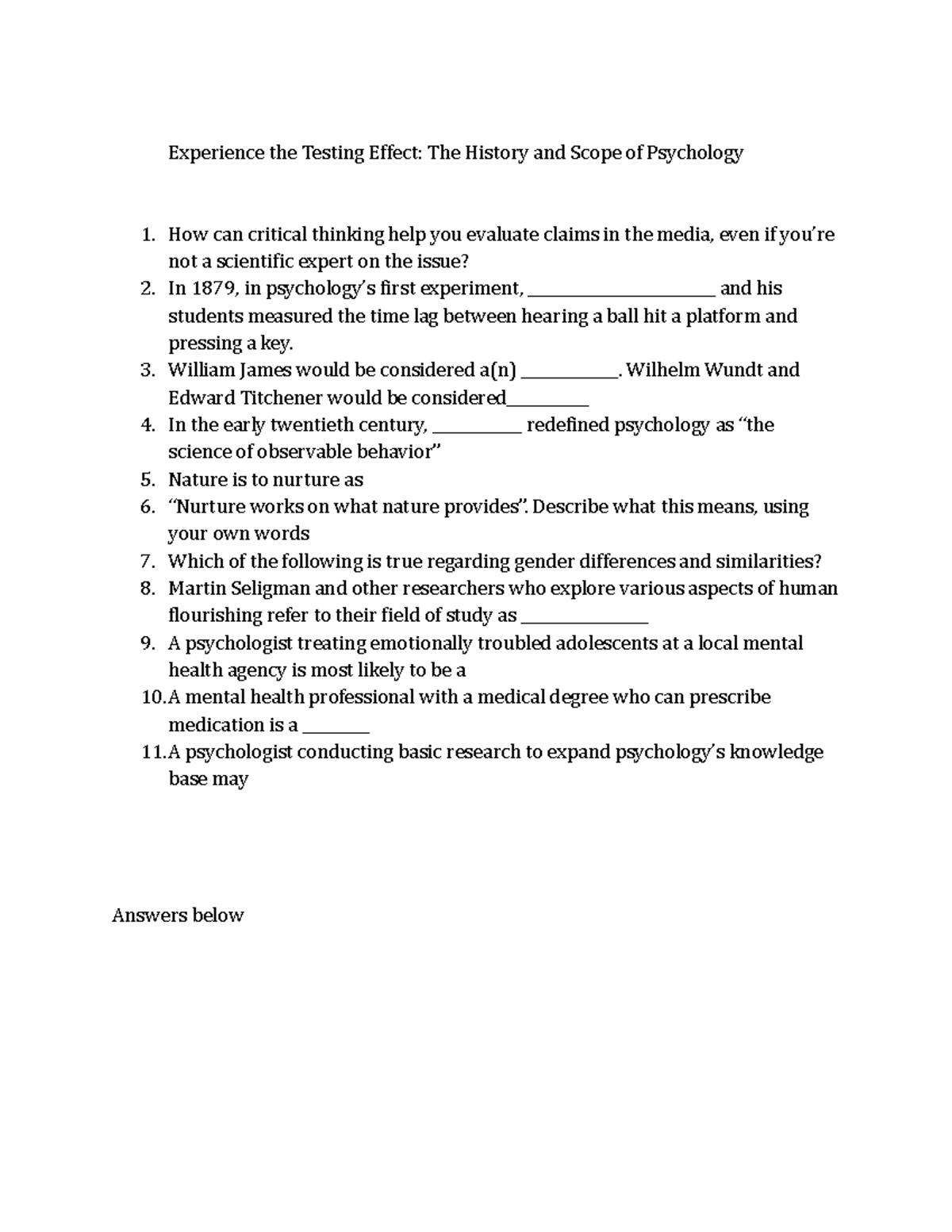 The History and Scope of Psychology Test Experience the Testing