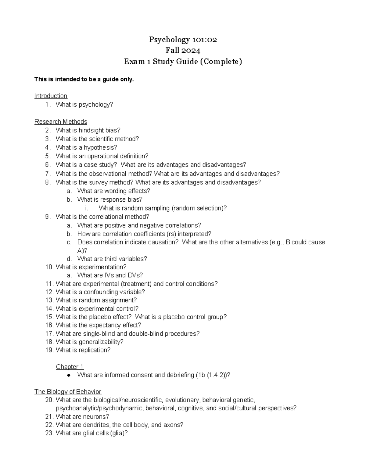 Exam 1 Study Guide (101 02) - Complete - Psychology 101: Fall 2024 Exam ...