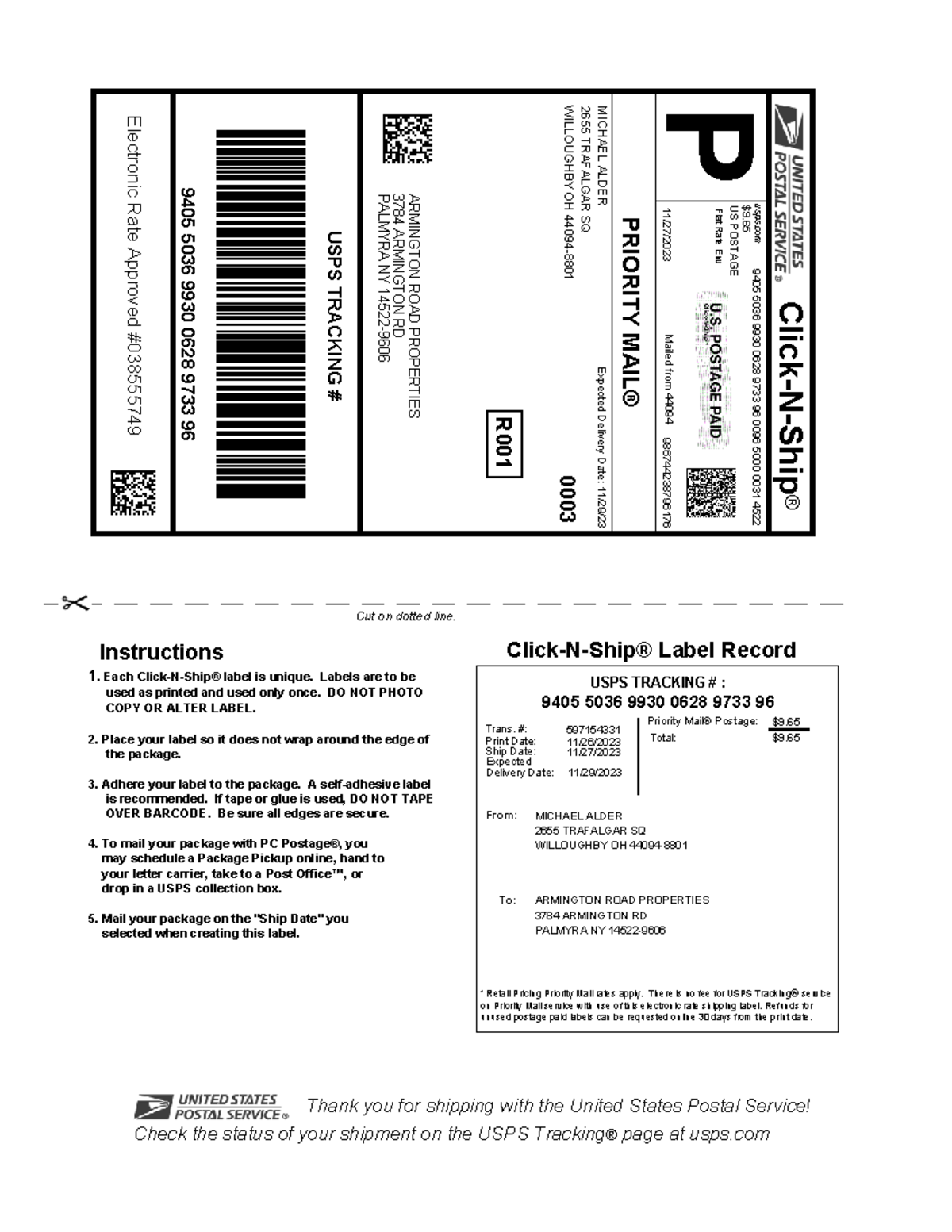 Shipping label Armington ROAD Properties Cut on dotted line
