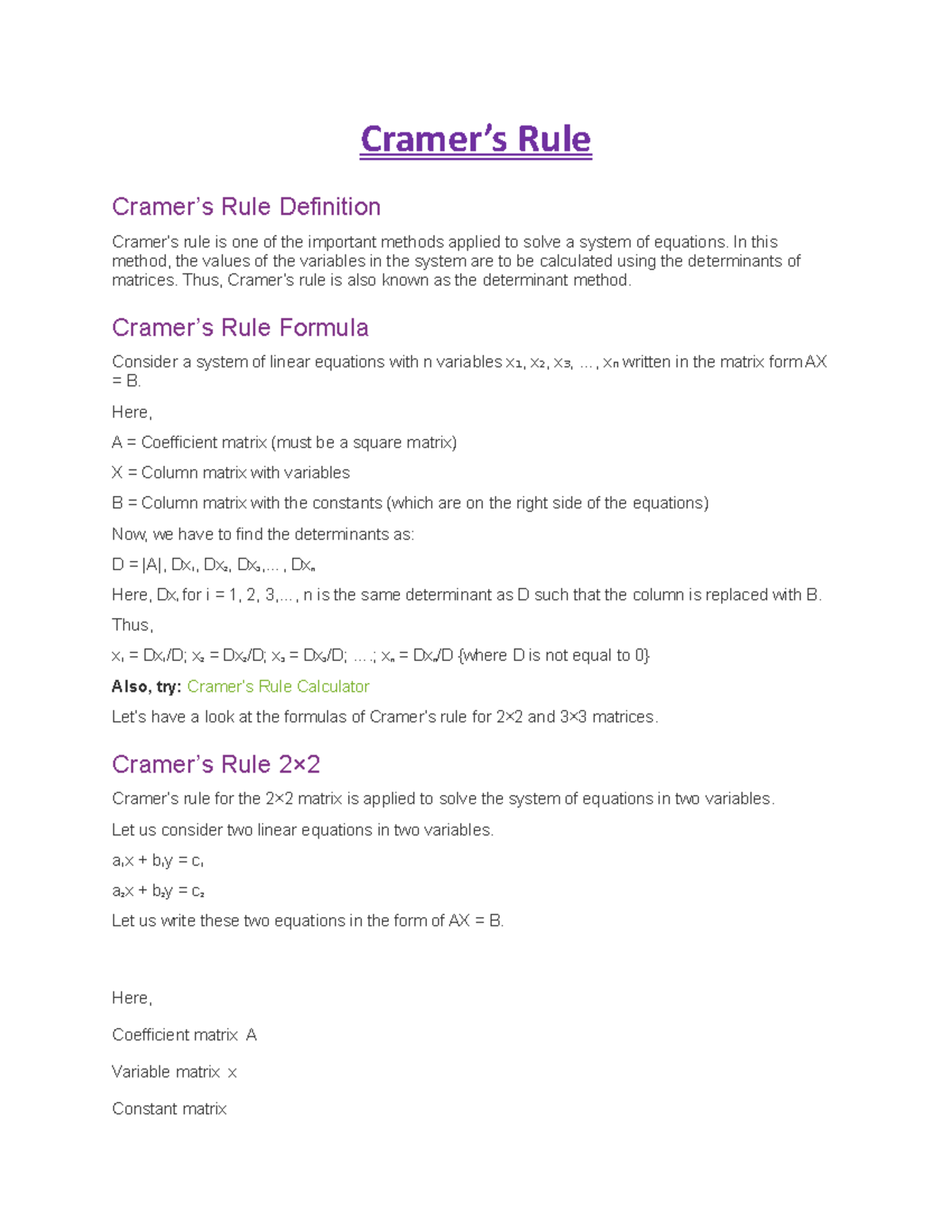 Cramer rule assignment Cramer’s Rule Cramer’s Rule Definition Cramer