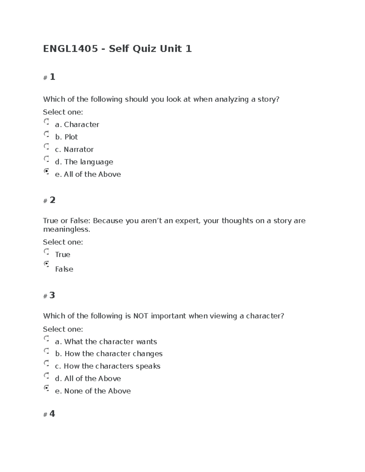 ENGL1405 Self Quiz - Unit 1 - ENGL1405 - Self Quiz Unit 1 # 1 Which of ...