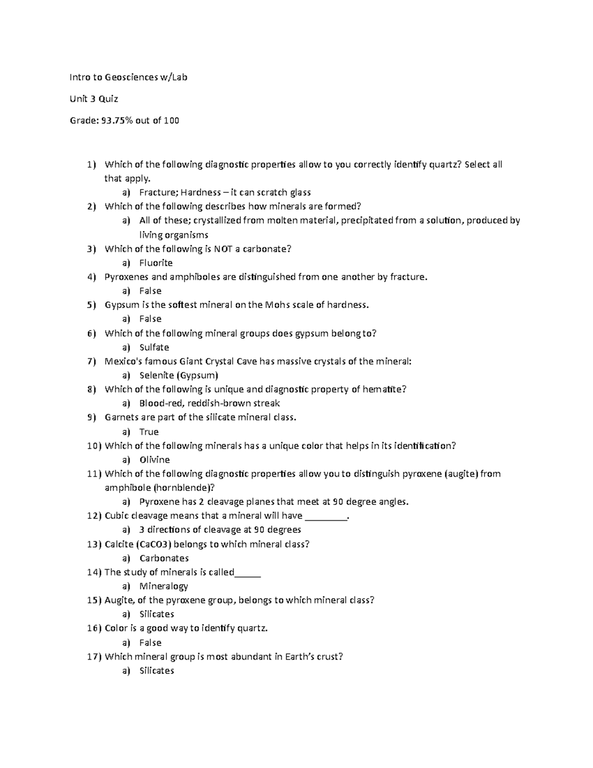 Intro to Geosciences w Lab Unit 3 Quiz - Intro to Geosciences w/Lab ...