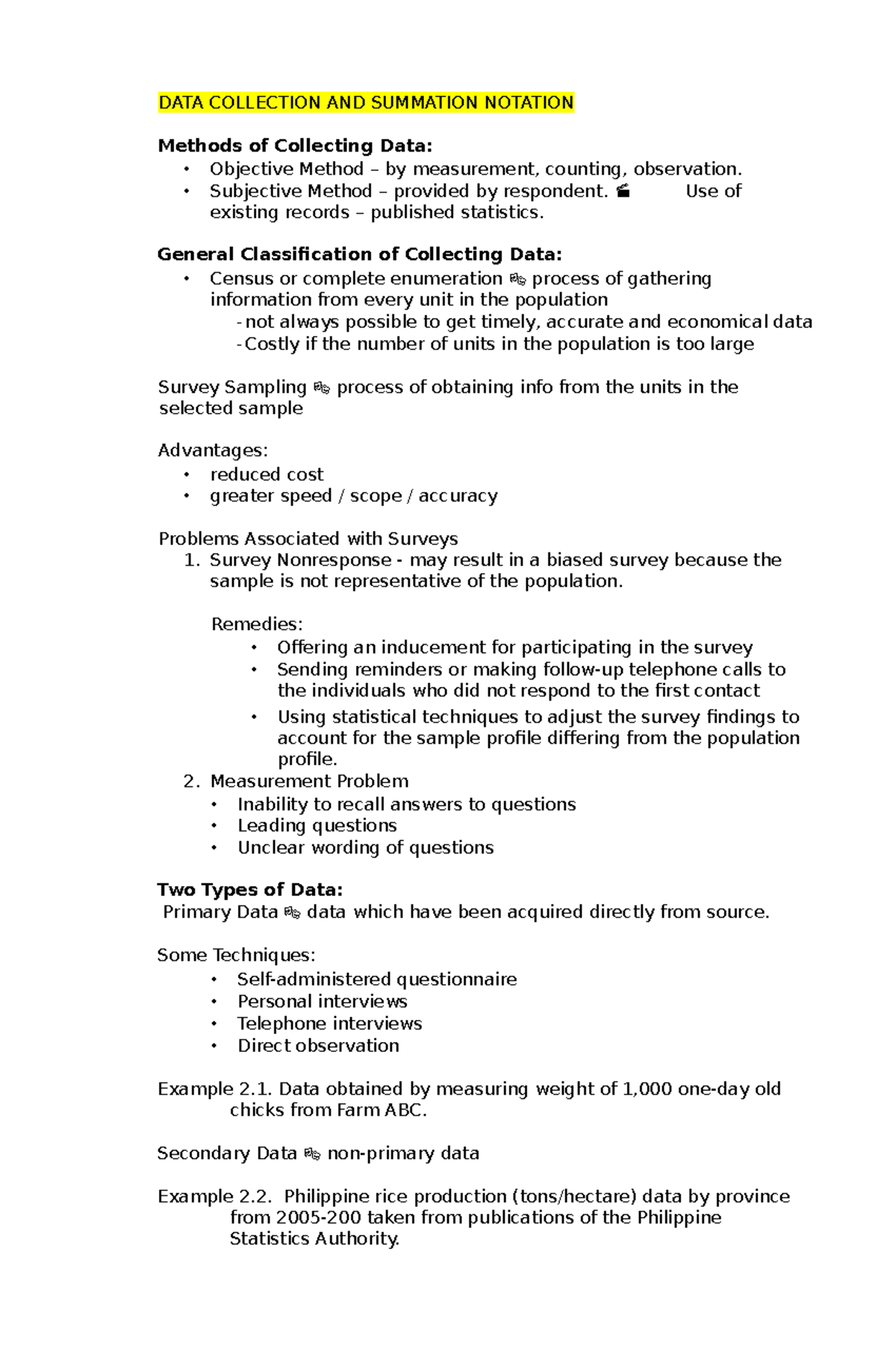 DATA Collection AND Summation - DATA COLLECTION AND SUMMATION NOTATION ...