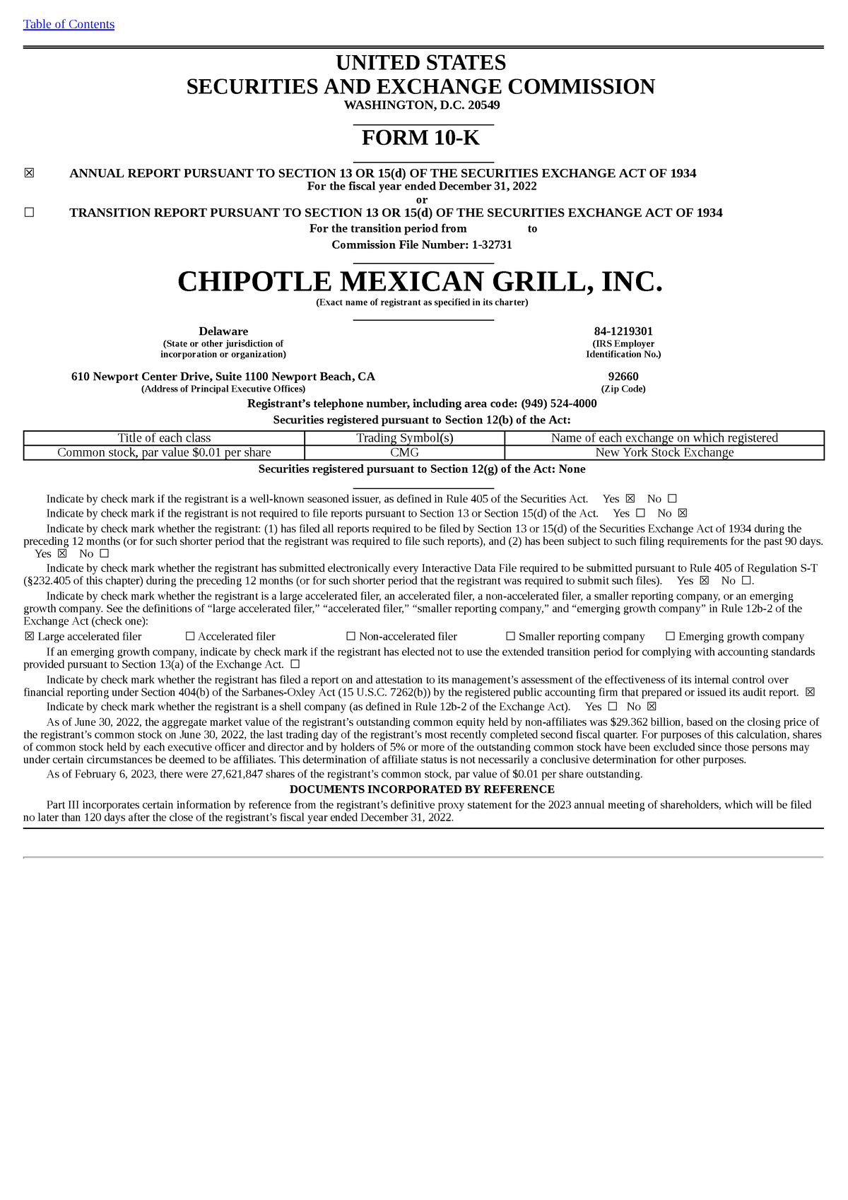 Chipotle 10K 10K form for financial reporting UNITED STATES