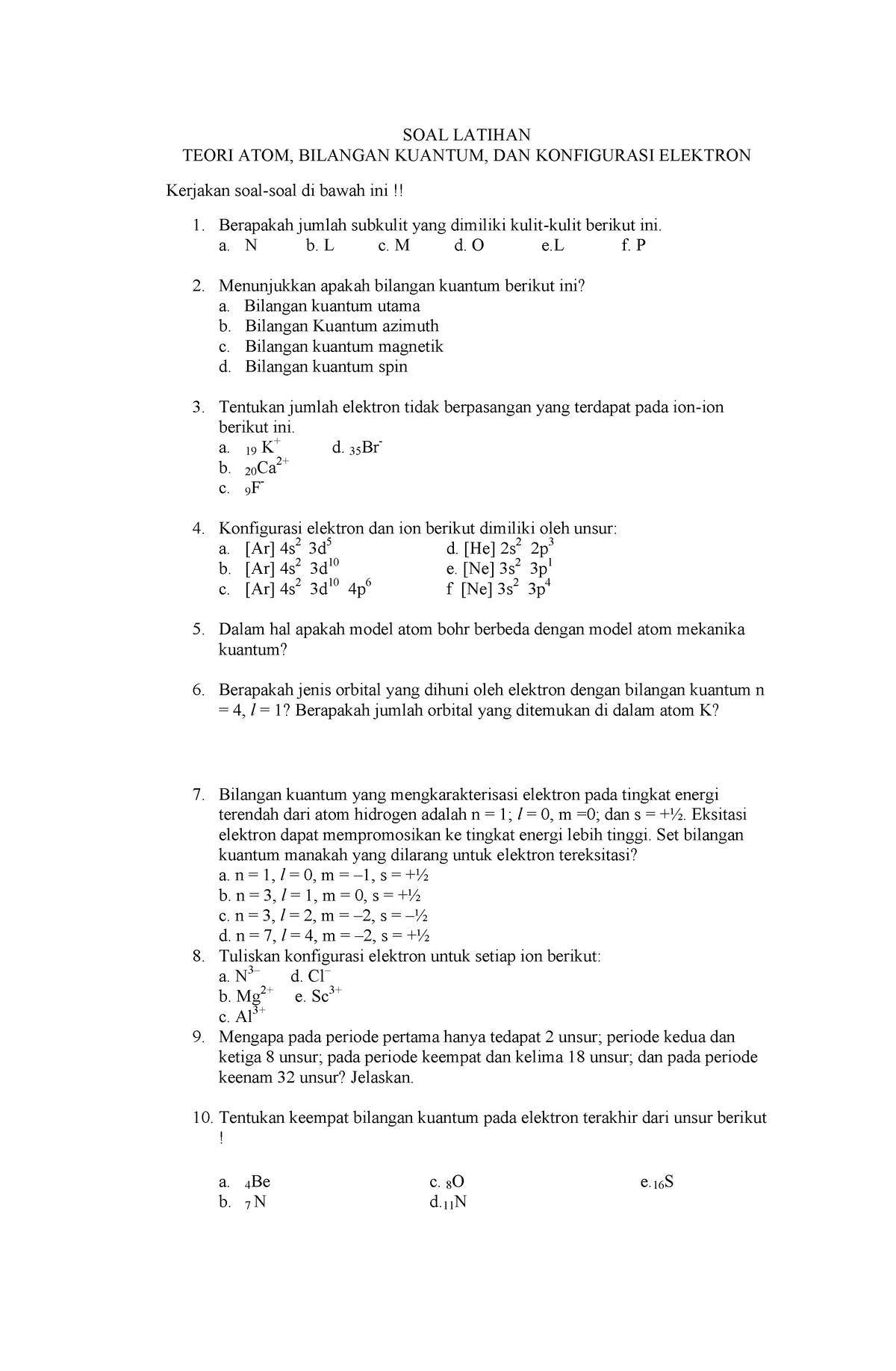 Latihan Soal Soal Latihan Teori Atom Bilangan Kuantum Dan Konfigurasi Elektron Kerjakan