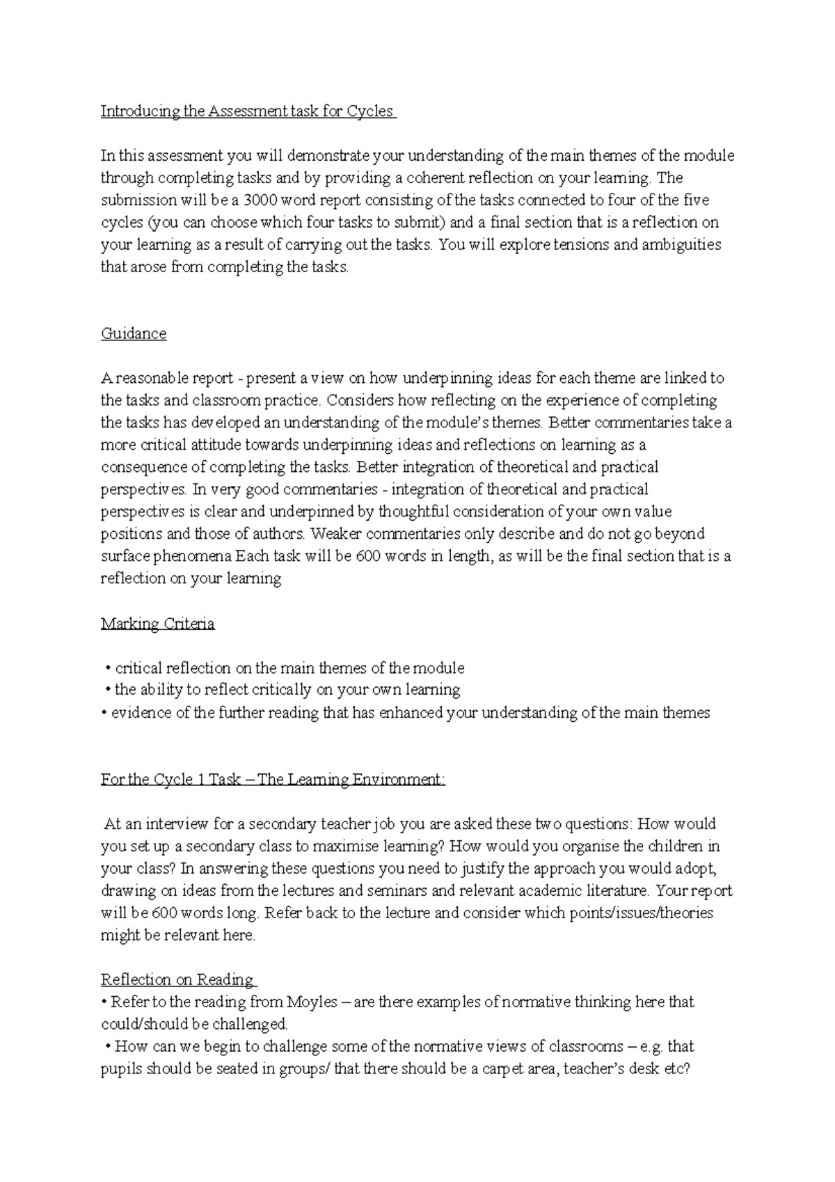 Cycle s Assesment Guidance - Introducing the Assessment task for Cycles ...