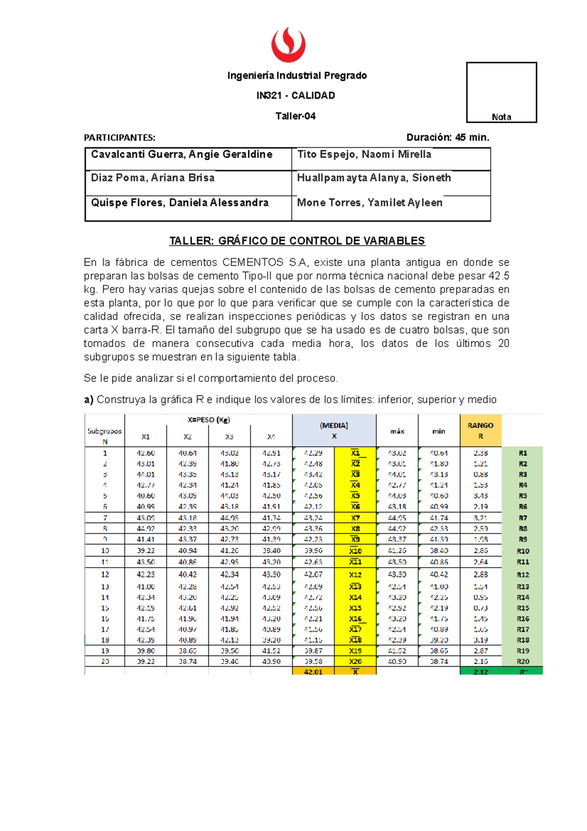 Taller 04 Grafico Control Variables X-R - Grupo 5 - calidad - UPC - Studocu