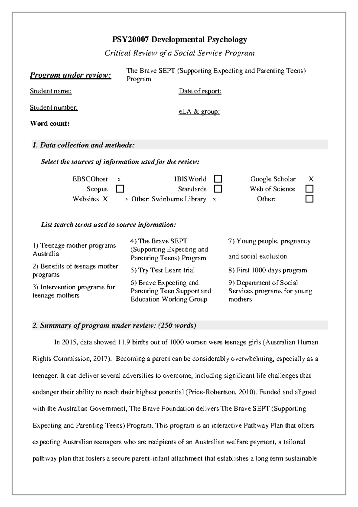 PSY20007 Assignment ONE - PSY20007 Developmental Psychology Critical ...