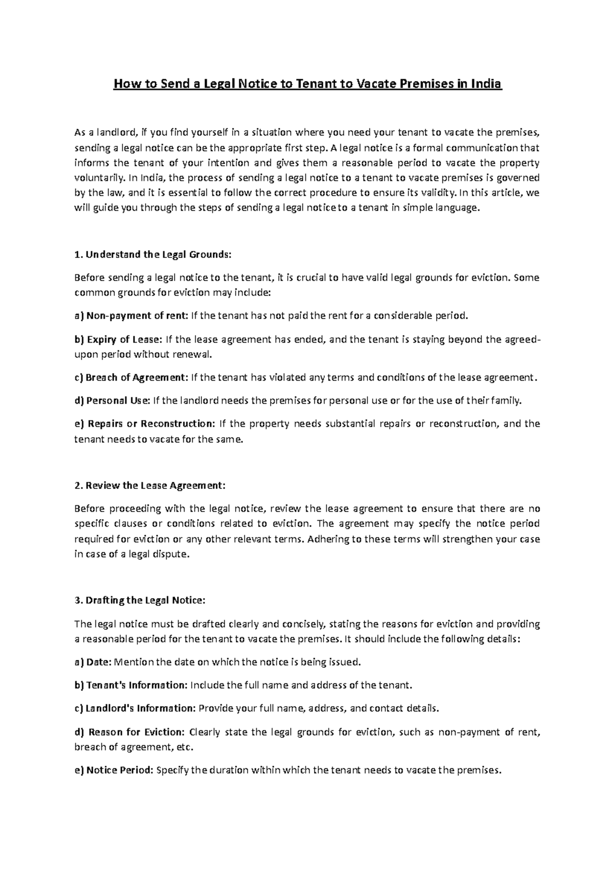 How To Send A Legal Notice To Tenant To Vacate Premises In India A How To Send A Legal Notice To Tenant To Vacate Premises In India A