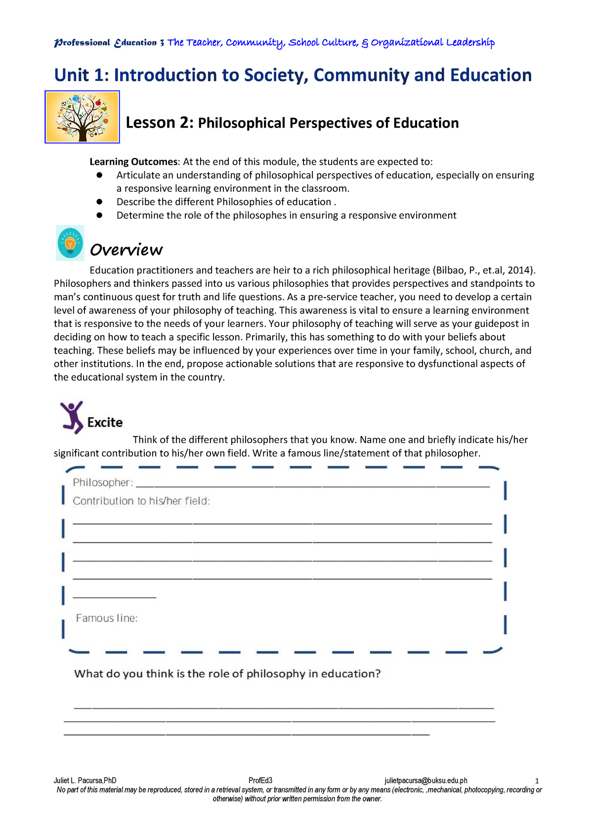 Unit 1. Lesson 2 - Philosophical Perspective On Education - Juliet L ...