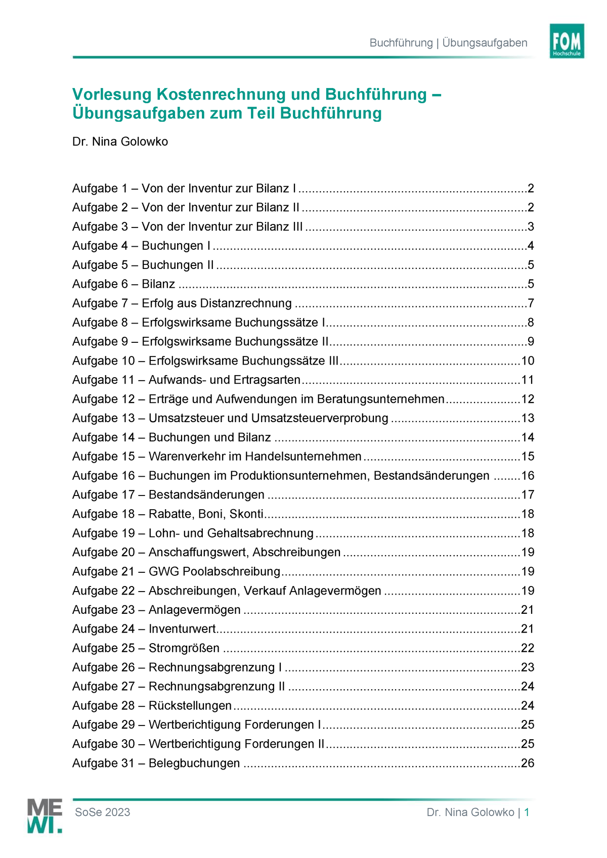 Buchführung Übungen - Golowko - Vorlesung Kostenrechnung Und ...