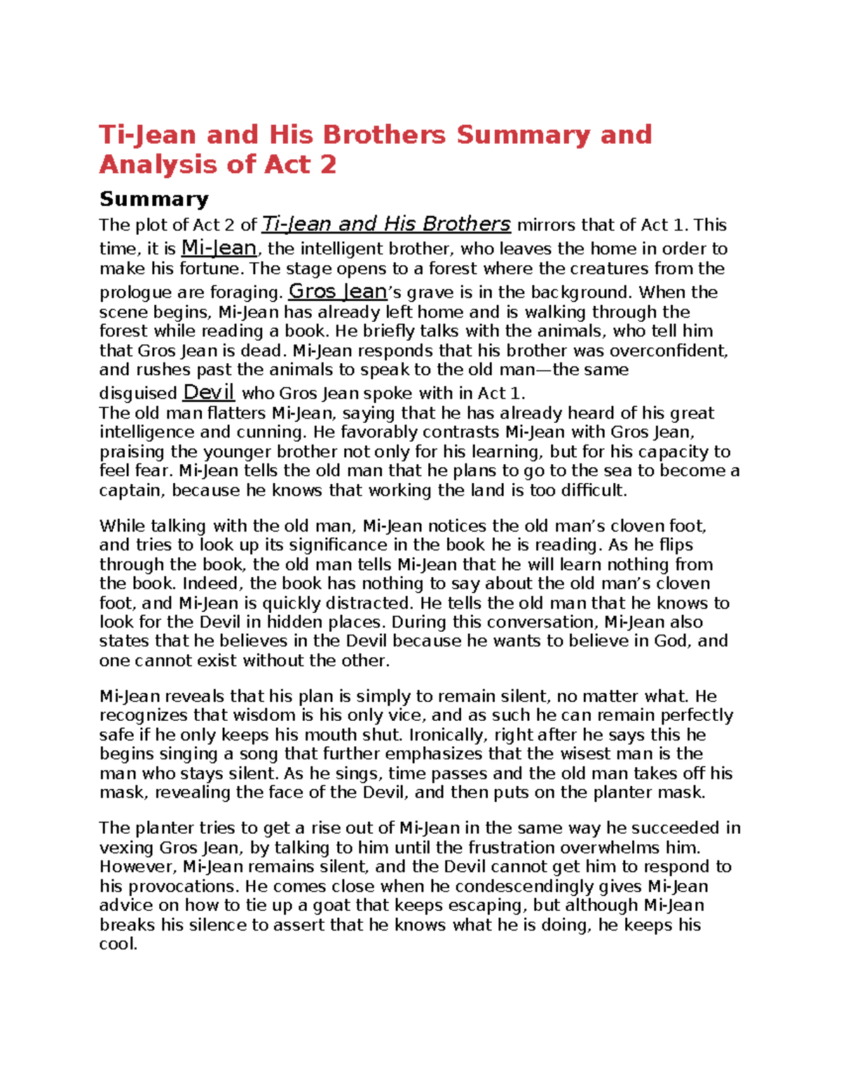 Analysis of Act 2 - Ti-Jean and His Brothers Summary and Analysis of ...