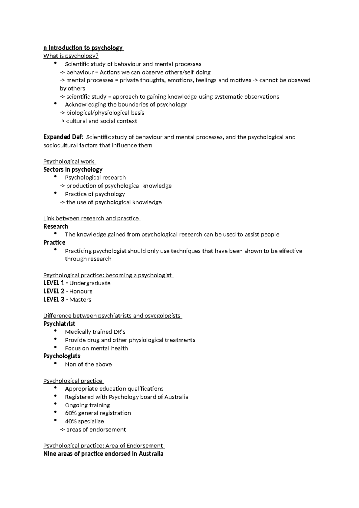 PSYC100 Week 1 notes - n introduction to psychology What is psychology ...