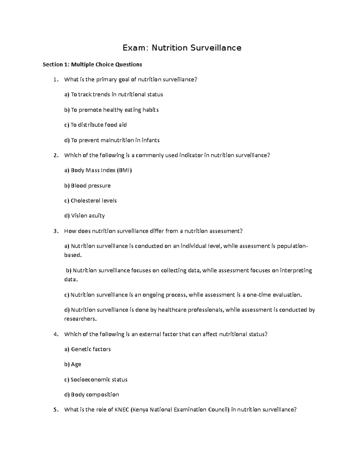 Nutrition survaillance Exam Nutrition Surveillance Section 1