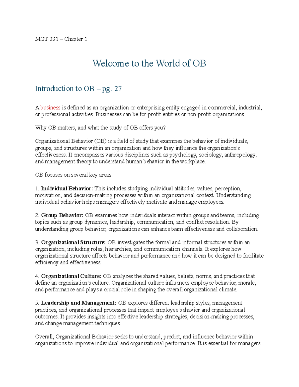 MGT 331 Chapter 1 Notes - Summary Essentials of Organizational Behavior ...