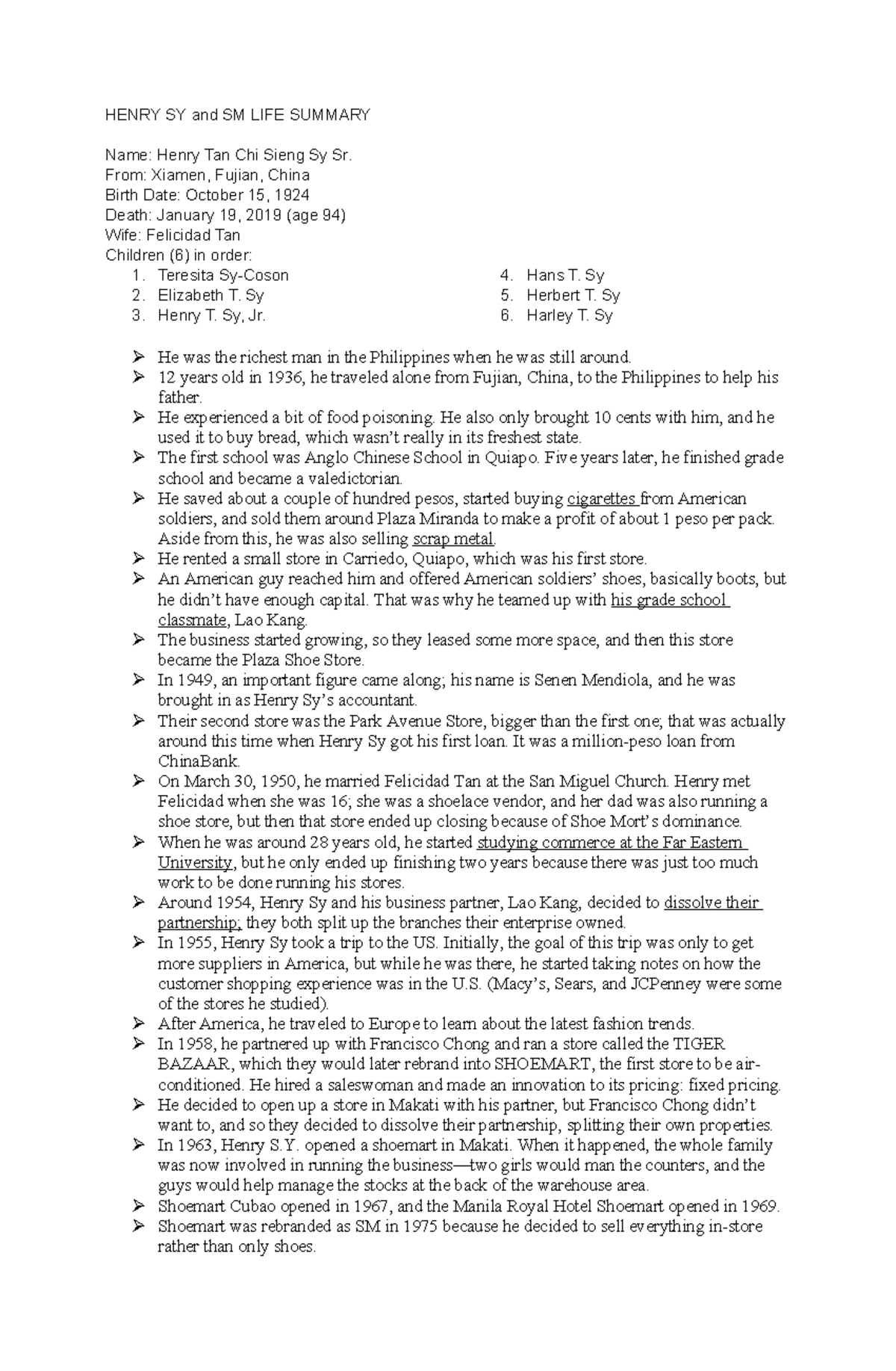 Henry and Tony Summary - HENRY SY and SM LIFE SUMMARY Name: Henry Tan