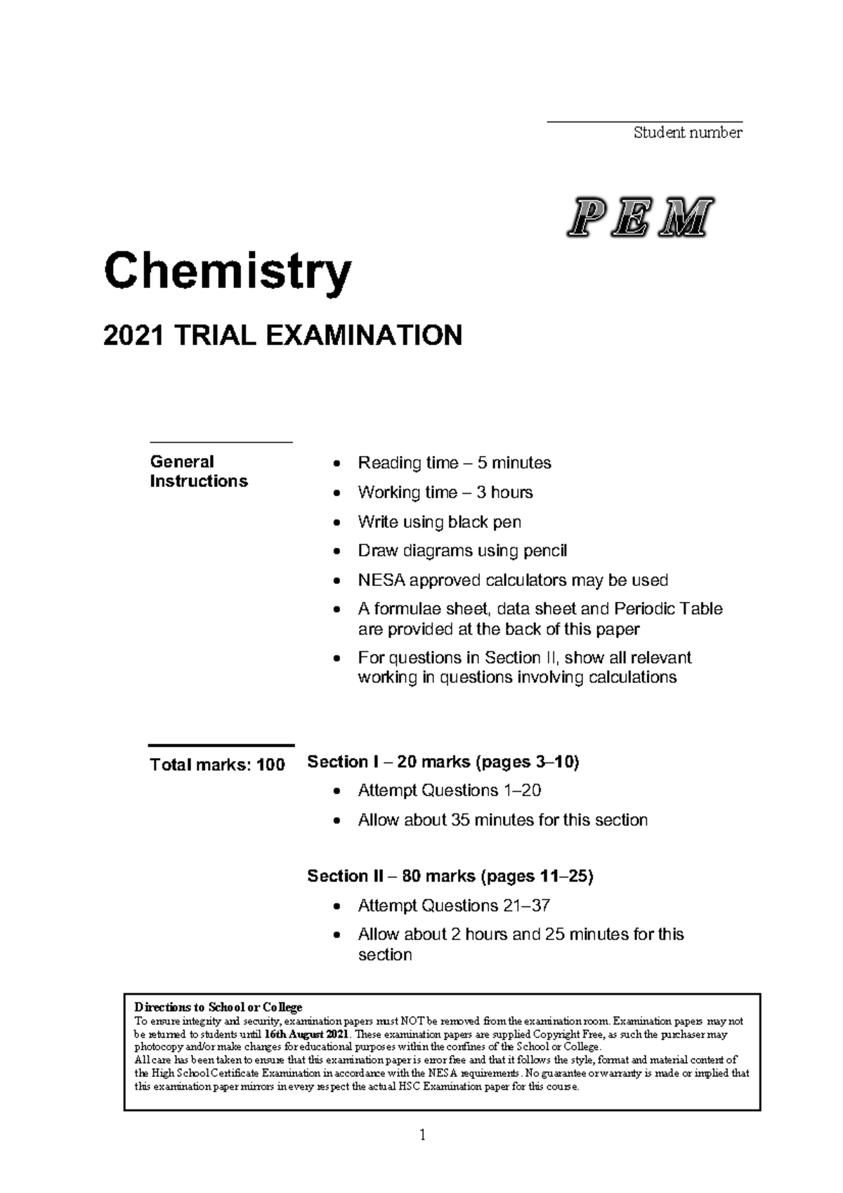 Pem 2021 Chemistry Trial Hsc Examination Paper And Marking Guidelines Studocu