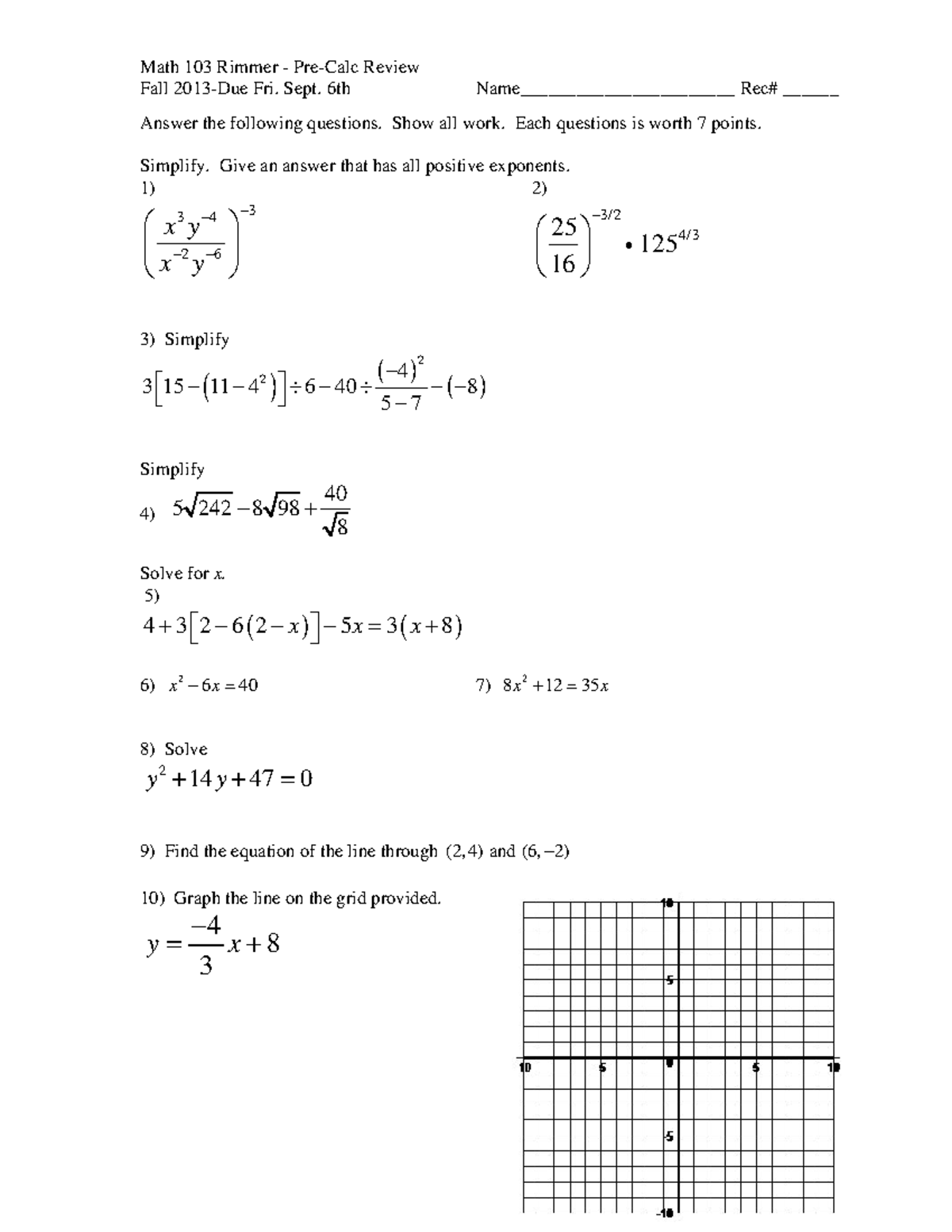 - Pre-Calc Review - Math 103 Rimmer - Pre-Calc Review Fall 2013-Due Fri ...